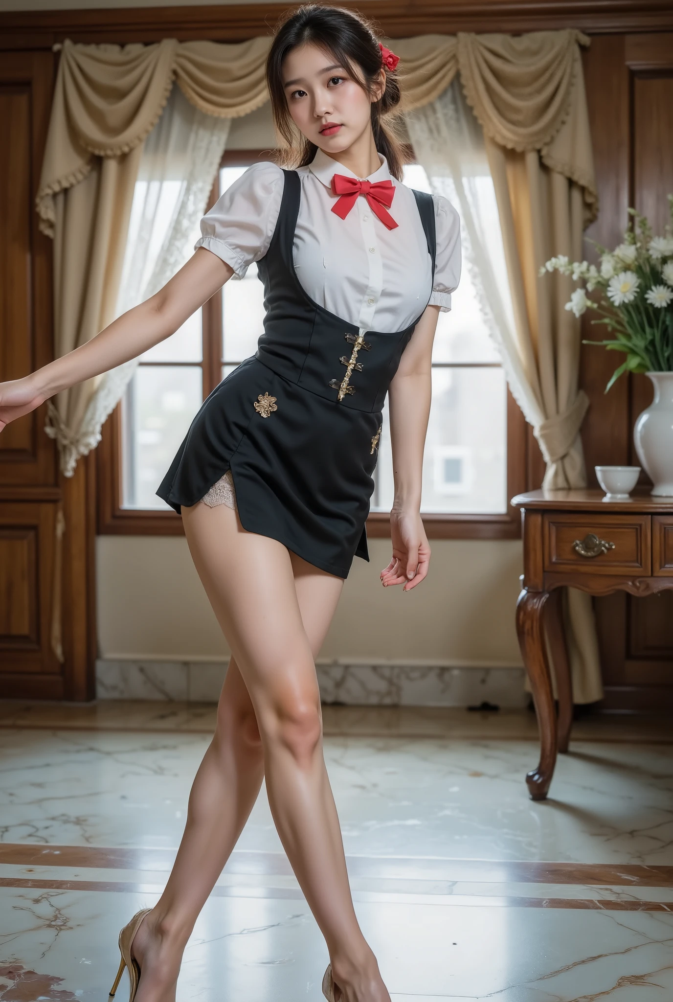 (((((Standing Splits))))), Transparent Tights ( masterpiece :1.1),( ultra-realistic :1.0)(Extremely detailed, intricate details, high resolution ,2.5D:1.1), 8K original photos, high resolution ,(Purple_evergarden:1.29), best quality, The overall image quality is of the highest standard, rest (Deep_blue_and_White_Theme:1.2), ( detailed Maid:1.4), red _bow tie, red _hair_ribbon, Chest_emerald_brooch, Crepe_fabric_ detailed_clothing, Puffs_Long_ detailed_sleeve,Chest brooch, (intricately embroide red :1.2), Tights, garter, Lace, Stilettos, rest medium_Chest, supermodel, skinny , Willow Waist, watching the audience ,(cowboy_shooting), rest (Blonde Short Bob), asymmetrical bangs, short bangs, bangs, Longeyelashes, rest (Create a luxurious atmosphere., Deluxe Room, Marble Flooring, Gorgeous oak walls, Decorative wall), Exquisite carpet, decorative plant and flower with luxurious Wedgewood vases, Wall blocks, Photos on the wall, ( Detailed catering kitchen equipment, detailedcooking equipment), (large window with Lace curtain), rest maid seeing her employer off at the entrance,, rest maid serving a cup of teacup on a silver tray,