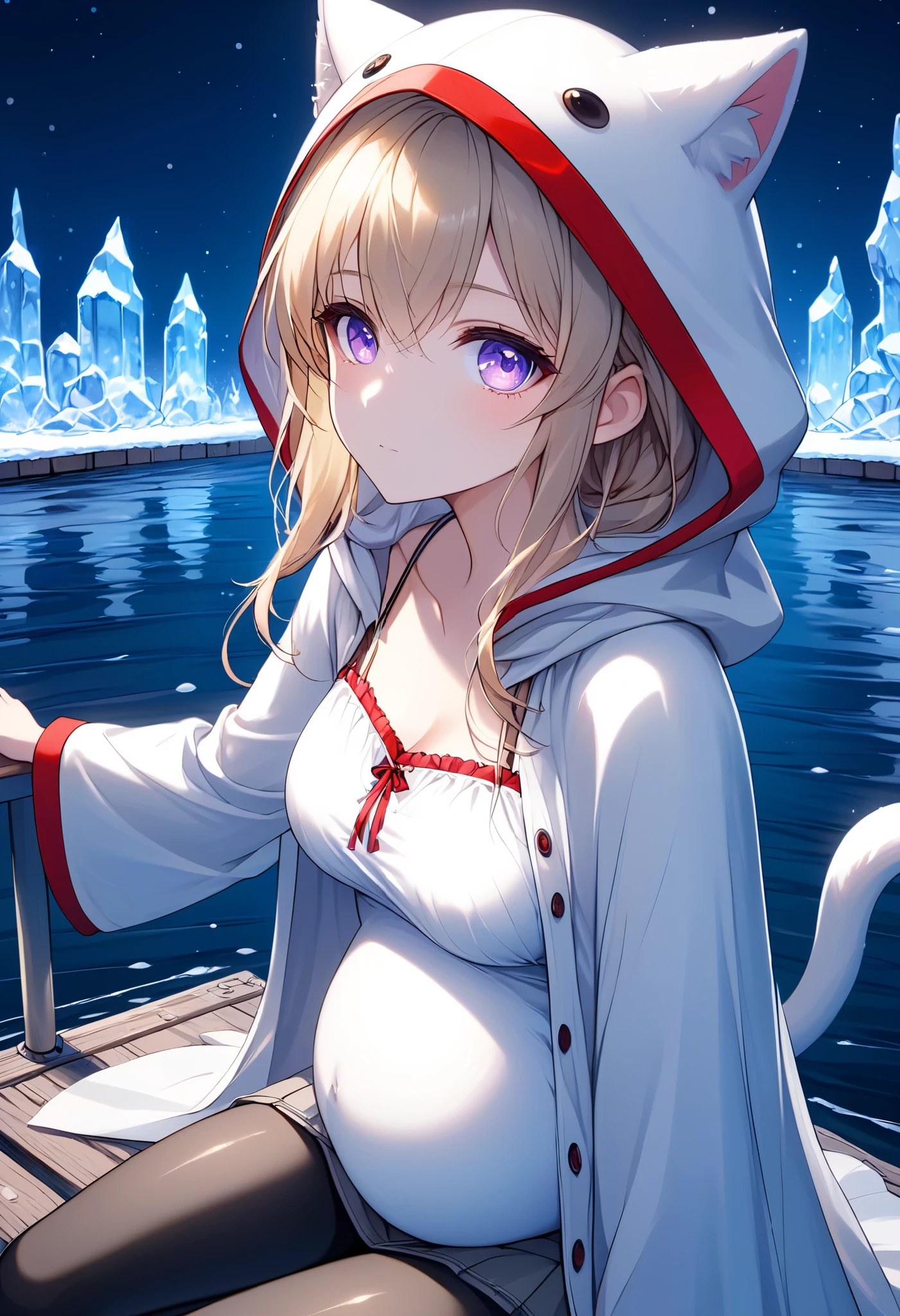 High Resolution, High Quality, High Detail, frozen dock, night, 1girl, blonde hair, violet eyes, medium breasts, white cat hood, white cloak, white camisole with red trim, grey skirt, black leggings, sandals, looking at viewer, arms behind back, reaching for viewer, side profile, feet in water, zoom in, sitting on dock, sitting beside viewer, swollen abdomen, viewer beside girl