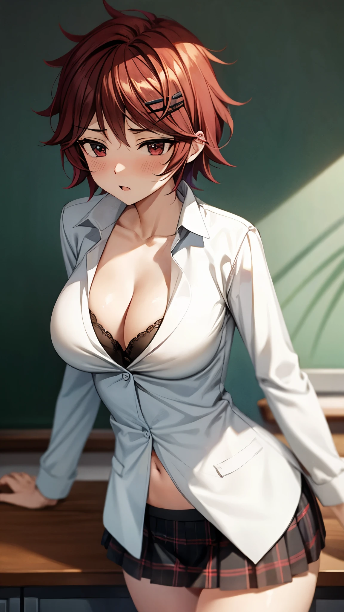 ( super quality next to each other, Ultra High Resolution,16k,super masterpiece,Ultra HD , detailed shading and background,) taken from below, sexy girl , white shirt , cleavage, black blazer, plaid mini skirt , white panties,blush, troubled,Open your lips a little, The Classroom Where the Rising Sun Shines,