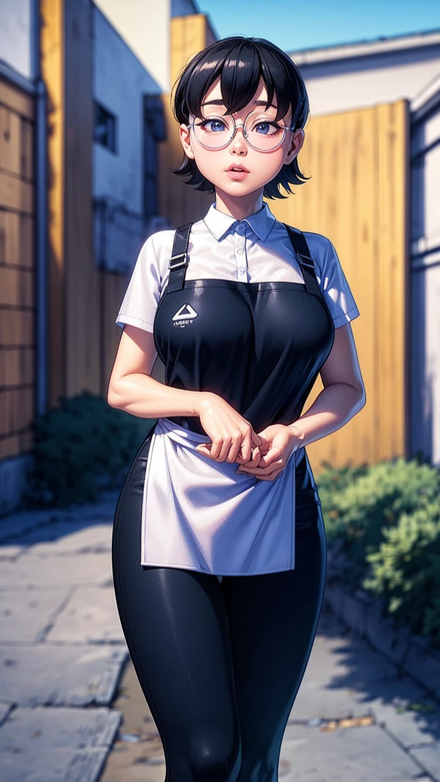 masterpiece, (photorealistic), (8k wallpaper), (best quality), perfect quality, solo, (detailed eyes), girl, Gogo Tomago, part-purple hair, very beautiful, young, pose: (sexy pose, shy), (got very chubby), face : (young, ((blushed)), perfect face, thin face, detailed face, (simmetric face), very beautiful face, asian, Japanese, very beautiful, small smile, cute face, young, big eyes), figure: ( very full body, very full figure, ((huge breasts)), very curvy, very thicc, ((very chubby)), very chubby belly, belly bulge, muffin top, love handles, very thick, ((wide waist)), ((big deep navel)), very soft, very curvy, wide hips, sexy curves, (sexy), fat ass, very thick thighs, thunder thighs) , clothes : (tight black miniskirt, tight shirt, tight uniform)