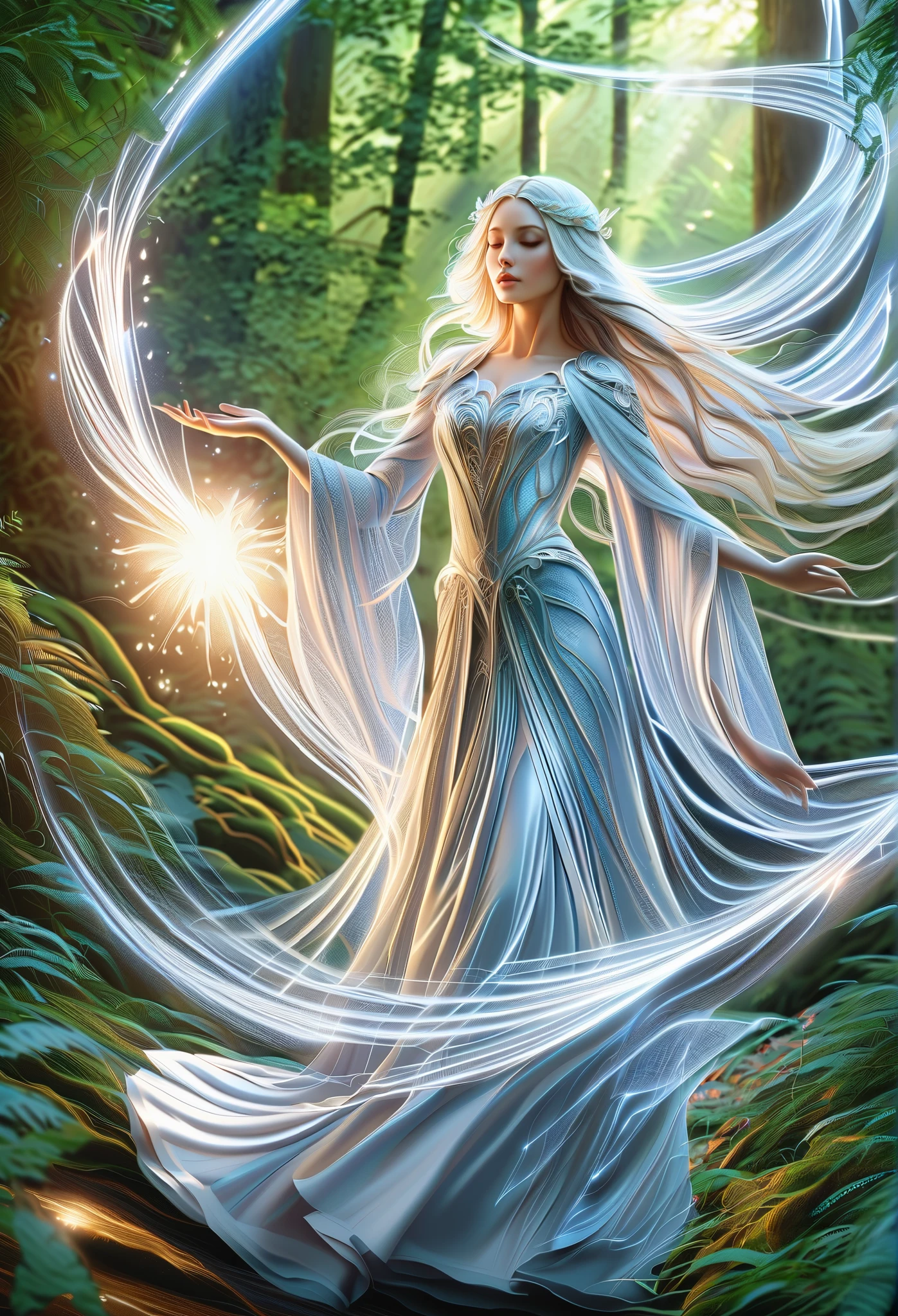 ( top quality,4K,8k, high resolution, Masterpiece:1.2), Super Detail, ( is present,photo is present,photo- is present:1.37), in the heart of the magic forest, shrouded in moonlight passing through her upper canopy , the forest stands . she is an elf magician , her long silvery hair 、 like moonlight threads woven into silk 、 draw waves shimmering around her slender body 。. Her Eyes, a fairytale blend of iridescent sparkles , Shining with the light of another world , reflects the myriad colors of the surrounding forest . they are windows of the soul that are as old as trees , full of wisdom and mystery far beyond her youth . adorned with intricate patterns of delicate silver thread, move gracefully without effort . each movement is a dance , fluid movements that seem like water flowing over smooth stones . when she raises her delicate hand to the sky , The air around her is magical energy cracking , with its intrinsic spiritual beauty That call Responding to ripples . powerful words flow out of her lips like liquid silver , Ghost melodies and ancient spells echoing through the night of silence . in each word , streaks of magical energy begin swirling around her , Wears a white flowing robe woven into a sparkling vortex of light and shadow . shapes begin to appear in the swirling vortex , pure magical phantom creatures that dance to the rhythm of her voice . and when they reach the peak of her spell , her voice reaches its peak , fills the forest with symphonies of power and wonder . along with the brilliant sketch at the end of the forest , releasing spells that shine with the light of the other world , magical energy condensed into a brilliant explosion of light that illuminates the darkness like a thousand stars .(Art by Amano Yoshitaka:1.3)