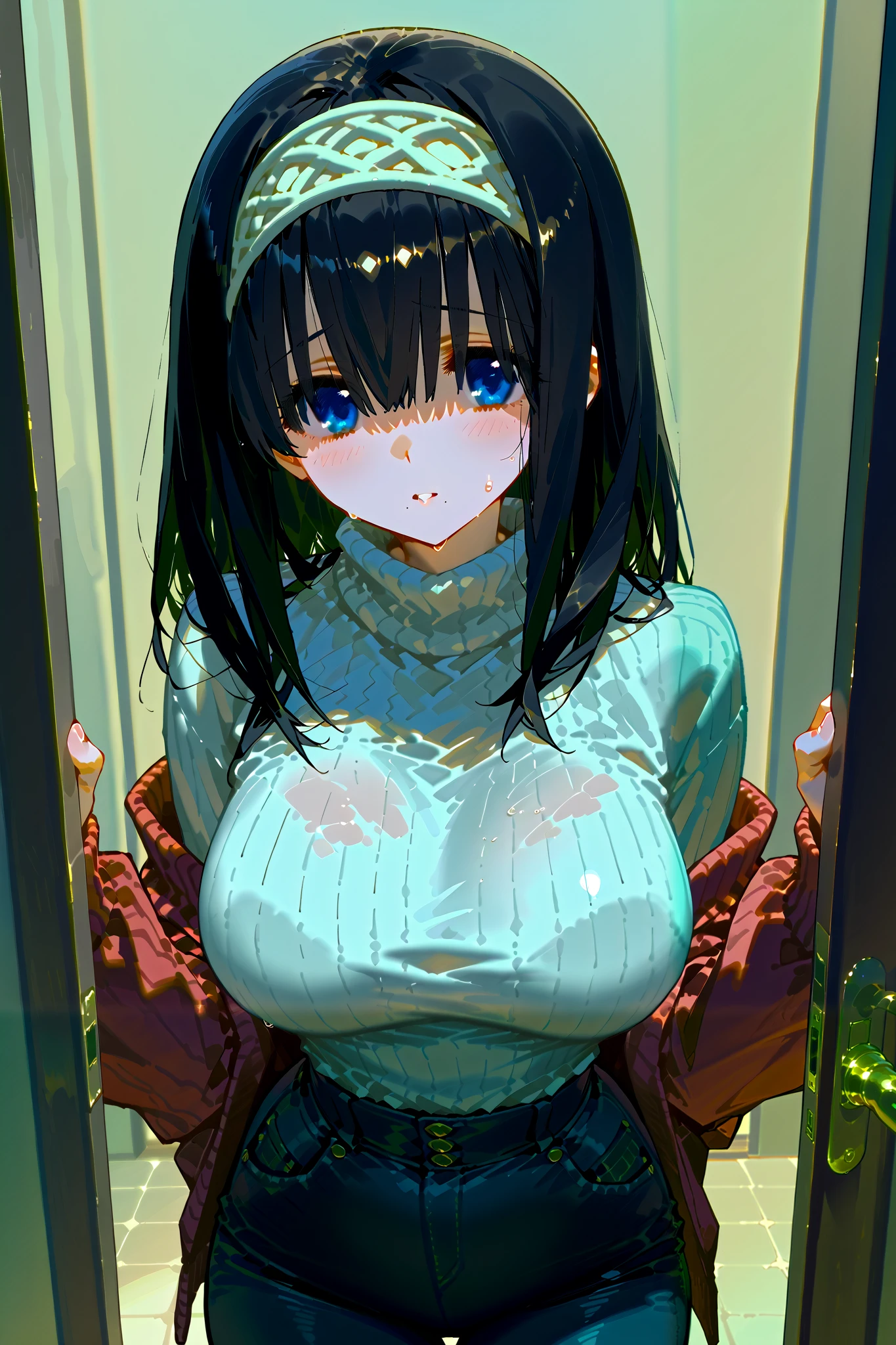 fumica sagisawa, blue eyes, black hair, hairband , long hair, hair over eyes, petite woman、I was greeted by an immensely beautiful woman.
She was about the first half of 160cm tall, about half a head shorter than me.
Her wavy medium hair is almost black and brown, and her beautiful cuticles are a sight to behold.
She has a pair of friendly, round eyes with a natural light purple pupil.
She has a mole around her mouth, giving her a mature look.
However, what attracts me more than her eyes is her extremely dirty body.
Her breasts, one larger than her face, look cramped in a deep scarlet vertical sweater, and her tight-fitting denim emphasizes the line of her huge buttocks, which is a big problem.
Even though they were wearing clothes that did not expose any exposure, the style of the clothes created a tremendous eroticism.