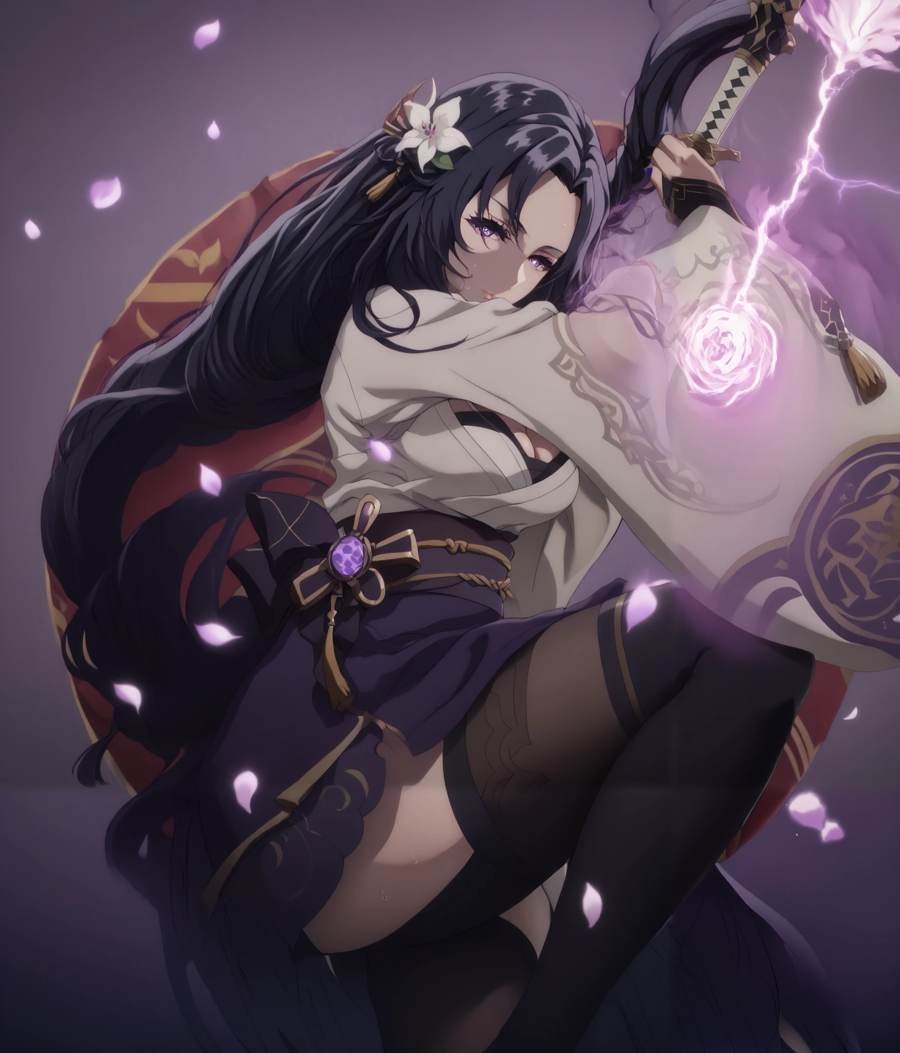 uncensored, gamma, long hair, purple eyes, black hair, ((parted bangs)), forehead, very long hair, pointy ears, mole, mole under mouth, bright pupils, anime coloring, anime screencap, (voluptuous:1.3), (thick:1.3), BREAK UHD, retina, masterpiece, accurate, anatomically correct, super detail, high details, high quality, best quality, highres, 4K, excessive sweating, sweating, sweating drop, (gasping, heavy breathing:1.3), (skindentation:1.2), perfect eyes, beautiful eyes, eyelashes, makeup, detailed body, perfect body, BREAK, 1girl, solo, japanese_clothes, sword, weapon, breasts, holding_sword, kimono, holding_weapon, thighhighs, obiage, musou_isshin_(genshin_impact), purple_flower, looking_at_viewer, obi, holding, sash, flower, tomoe_(symbol), obijime, mitsudomoe_(shape), electricity, cleavage, wide_sleeves, bridal_gauntlets, tassel, closed_mouth, long_sleeves, egasumi, petals, katana, ribbon, falling_petals, purple_nails, drawing_sword, vision_(genshin_impact), purple_thighhighs, shaded face, (aura:1.4), simple background
