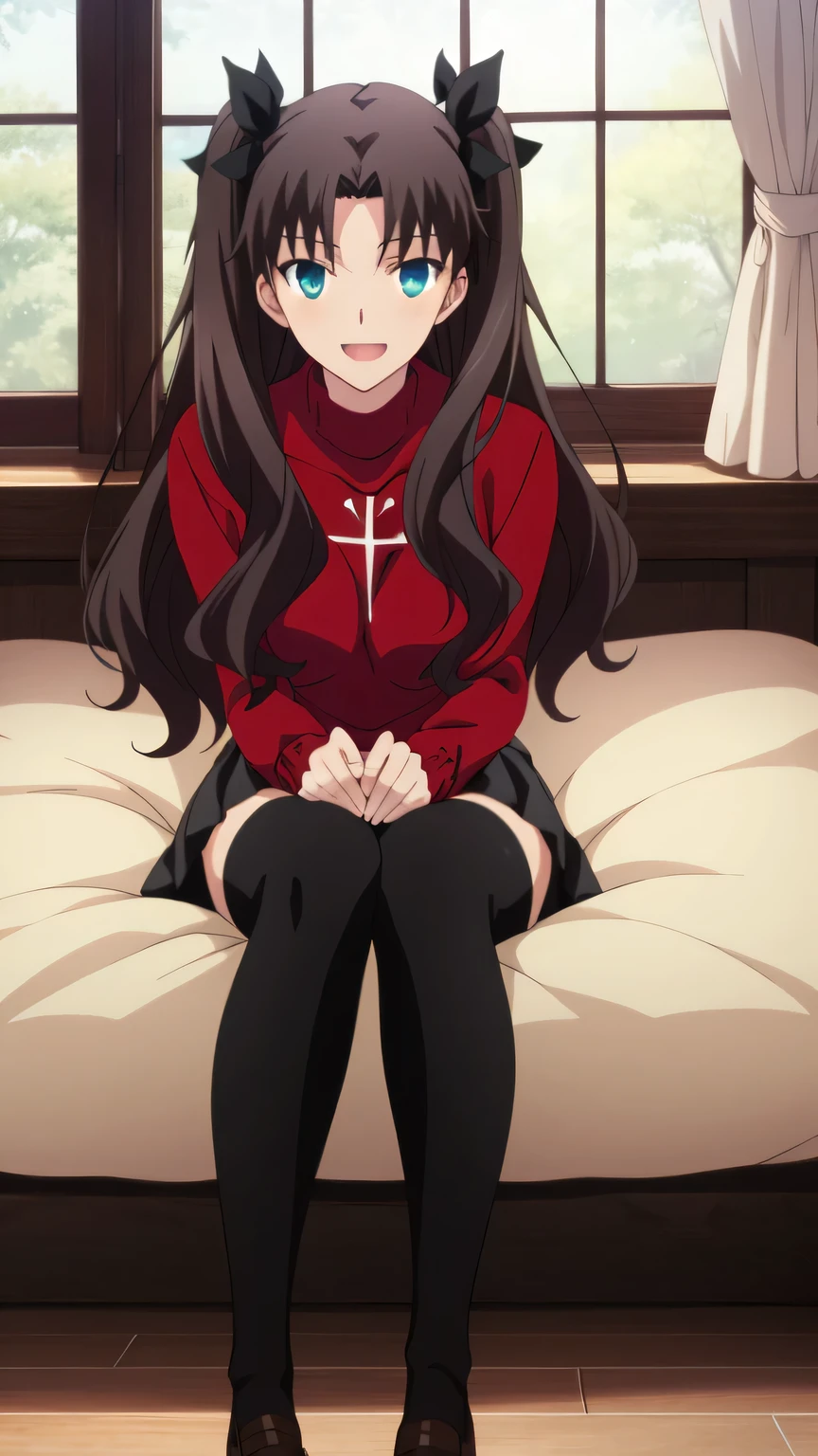 {{{masterpiece}}}, (best quality:1.5), (ultra-detailed:1.5), {illustration}, {{an extremely delicate and beautiful}}, (beautiful detailed eyes:1.6), absurdres, highres, extremely detailed face, 16k, hd, visual anime de uma jovem mulher, extremamente bonito rosto de anime, anime melhor garota, (perfect hands, perfect anatomy), anime face, Tohsaka Rin(Fate/stay night), ChopioTohsakaRin, 1girl, solo, cute face, black hair, long hair, two side up, parted bangs, black hair ribbon, square face, round chin, big eyes, aqua eyes, (High resolution eyes, Beautiful eyes, Light in the eyes), medium breasts, big hips, curvaceous, BREAK, outfit_2, red sweater, turtleneck, cross, long sleeves, (sweater tuck out:1.2), black skirt, pleated skirt, (micro skirt:1.2), (black thighhighs:1.3), thighs, zettai ryouik, BREAK, night, indoor, bedroom, on the bed, window, moonlight, open mouth, smiling, confession, embarrassed, flushed cheeks,from front, looking at viewer, dark room, covering chest by one hand, knees together feet apart, sit