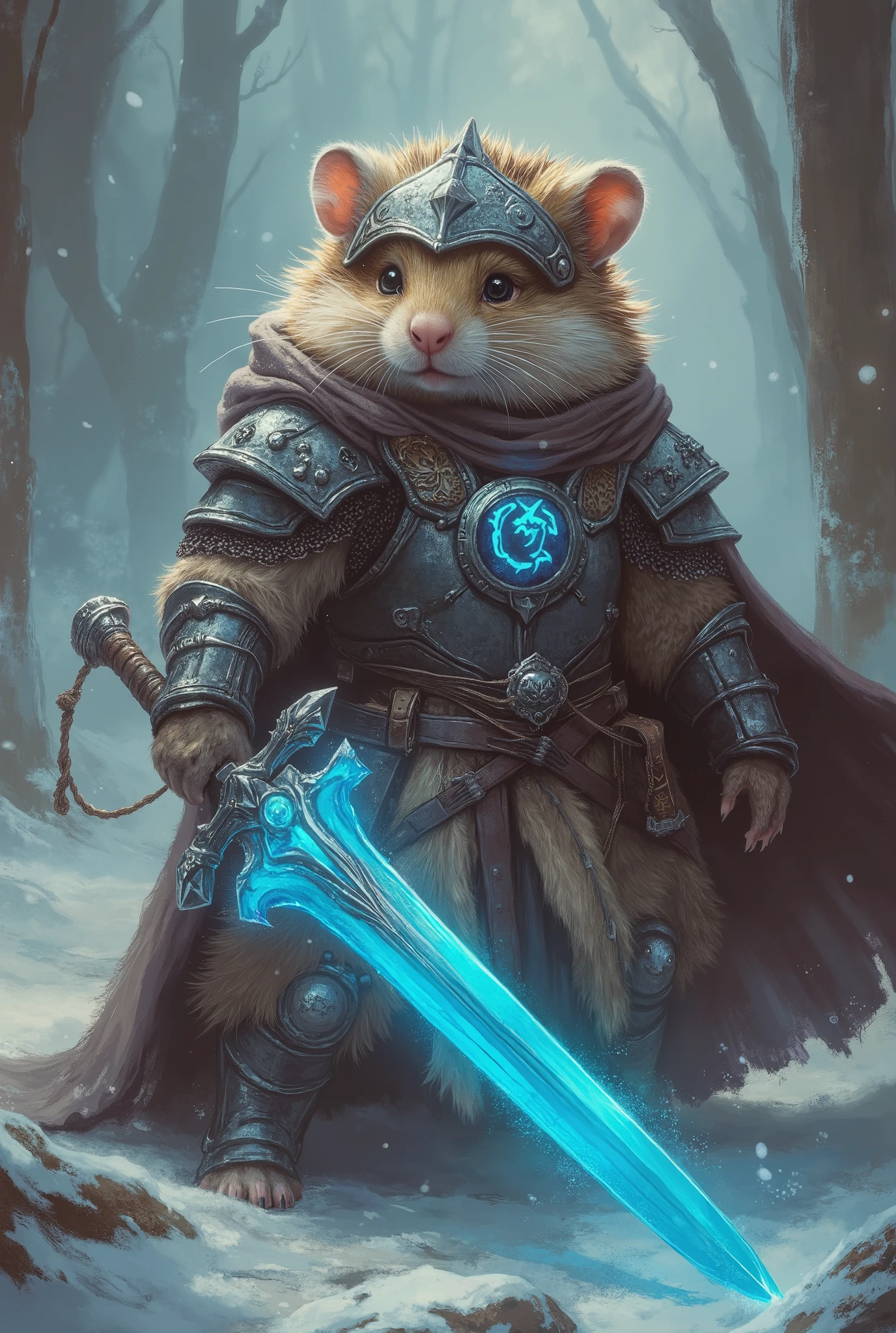 hamster knight hero,  masterpiece,  best quality, Super Detail,an epic,4K,snowy forest ,  wears fur armor ,  holds a glowing blue sword, In fantasy art style ,  cinematic light ,  ultra-detailed ,  8k resolution .heavy armor,((heavy hamstershaped helmet:1.5))