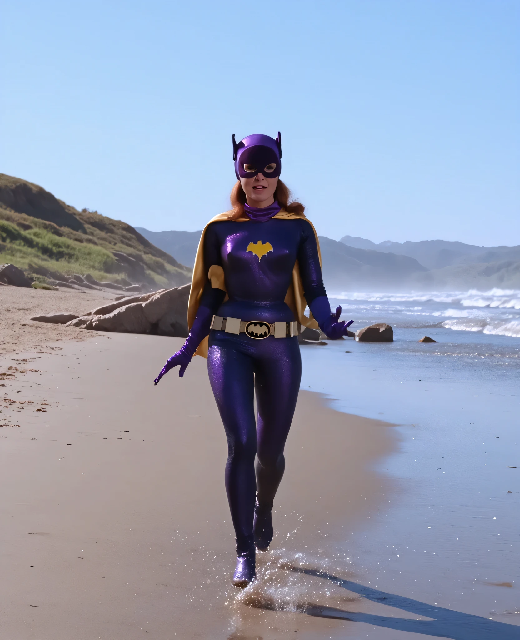Front view. Full tall slim body. Ultrarealistic, ((high resolution)), (( running along a beach escaping of two muscle guys)) with shocked expression , hairstyle ponytail. Very young Lynda Carter, saggy tear-drop breasts, very small waist, tall hourglass body. Wearing blue tight shiny (( full body long sleeves, long legs )) catsuit, wide open front zipper, plunging neckline than amply shows off her bust, high heel over knee boots. 