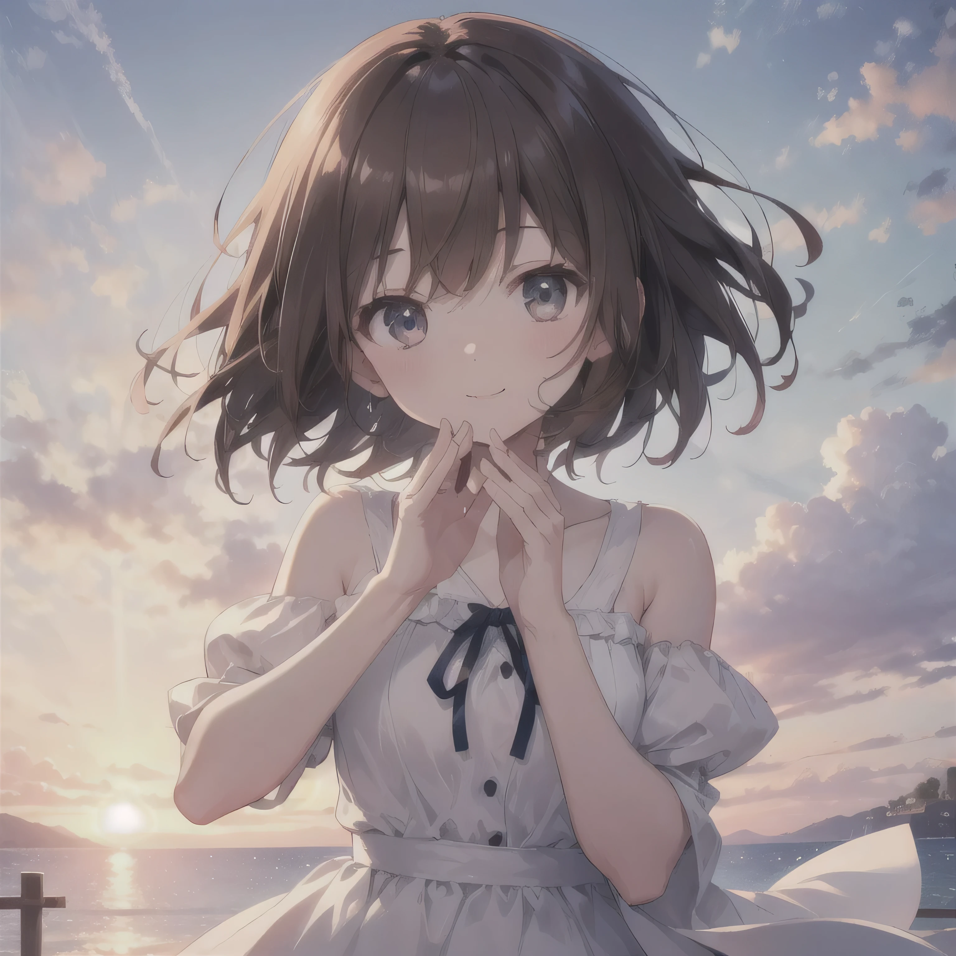 ((Looking up at the sky and raising hands )),( top quality、4K、8k、 high resolution、 Masterpiece:1.2) best smile、 cute anime girl、 Brown Hair Shortcut Hair , dynamic、solo、White clothes,summer, a gentle voice that reminds me of a quiet sunrise