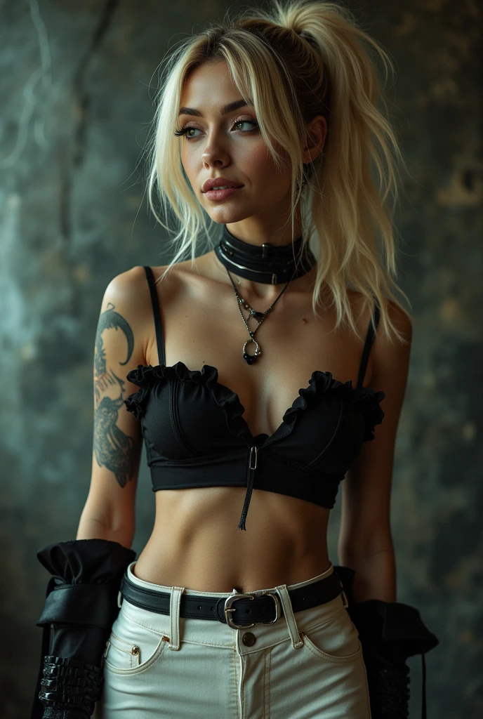 A photorealistic masterpiece-quality image captures a stunning woman in a bold gothic-cyberpunk outfit, exuding an edgy and seductive atmosphere. The full shot (full body and legs) features her slender figure, small breasts, wide hips, narrow waist,  accentuated by a black crop top and skintight white low-rise pants, held up by a thin belt. Her long, flowing blonde hair is tied back in a messy ponytail with multiple hair clips, adding to her dynamic look. She wears chunky gothic metal jewelry, including a choker with small pendant and charms, along with multiple piercings on her ears and nose, including an industrial piercing. The heroin chic aesthetic is evident in her striking features and bold makeup look, featuring heavy eyeliner and dark eyeshadow that highlights her expressive eyes. A tattoo of a snake or bat adorns her arm, adding to the punk/rock/emo influences of this gothic beauty. Her delicate facial features and porcelain skin tone are perfectly captured, paired with a bold little smile that completes her striking look. The overall image is one of high quality, showcasing a woman who embodies both sensuality and edginess in equal measure. cinematic lightning