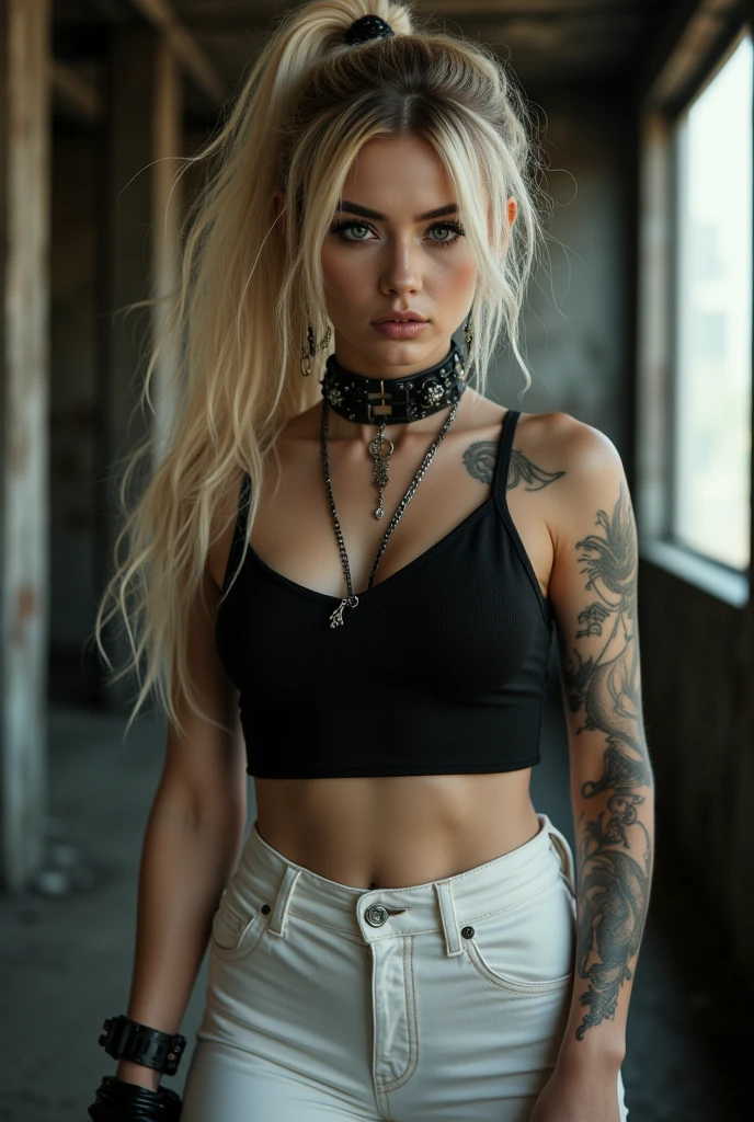 (masterpiece), best quality, expressive eyes, perfect face, black stocking, black tanktop, little smile ,straddle, tight tanktop, necklace, earing, punk, rock, emo, long hair, full body, choker gothic metal, tattoo, gothic metal, blonde bold hair, piercing, medium boobs, side boobs, slim figure