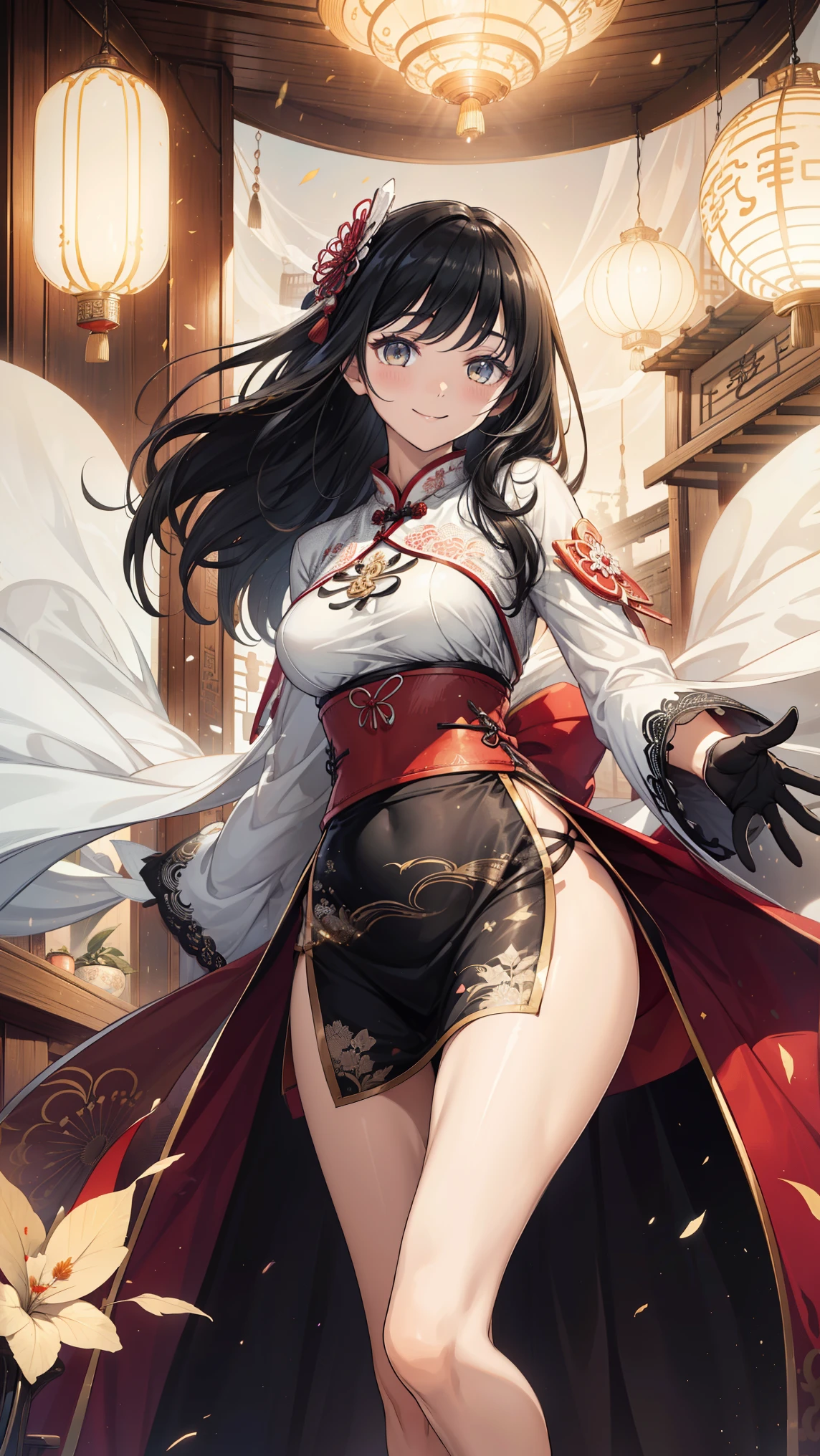 saints,Elegant and charming,Smile,in love,(Transparent colorful Hanfu,Sophisticated and gorgeous design),black gloves,silver hair,blue eyes,see through transparent clothes,Exquisite hair accessories,Transparent lace,flower pattern,dress nicely,The background is an old Chinese palace,elegant posture,night,Carved suspender boots,Super super details,Divine magic,light particles,Exquisite and beautiful face and eyes