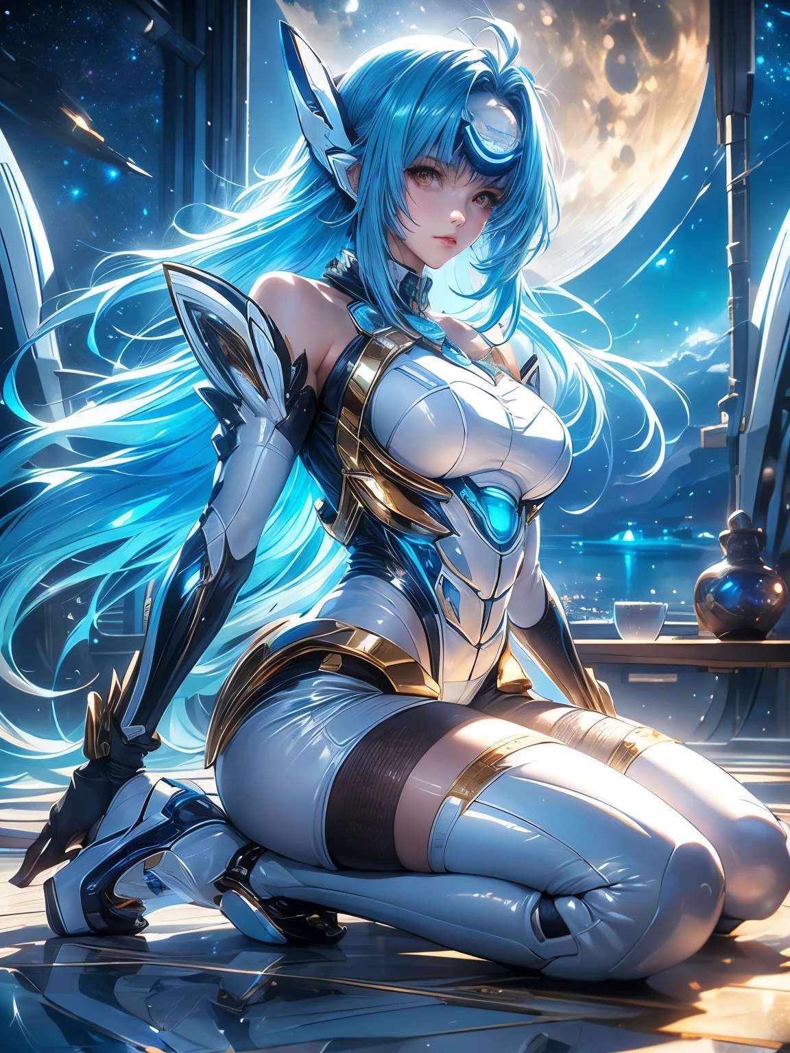 Full body KOS-MOS   ， score_9,  score_8_Excellent,  score_7_Excellent, 32K ，((  Ultra Real Details  ))、shadow、 octane rendering 、 ultra sharp、  highly detailed faces at a pachinko parlor 、 Light Blue Hair 、 straight hair,  SHINY AND CLEAN HAIR 、 White Shiny Skin 、 sexy cyberpunk girl 、 fiberglass 、Light emitting tube、 Extremely Complex Details 、 real light 、 CGSoation Trends、(( golden eyes))、Neon Details、 Mechanical Hands 、 mechanical spine attached to the back、mechanical neck worn around the neck 、  head 、 Space Background Radiation 、 rat path section、(( Valkyrie ))、((  Dramatic Graphic Backdrop  ：Starry Sky  ，Moonlight rays，  Huge Moon、Dynamic ocean background))(( top quality)),( Ultra High Resolution),( Super Detail)