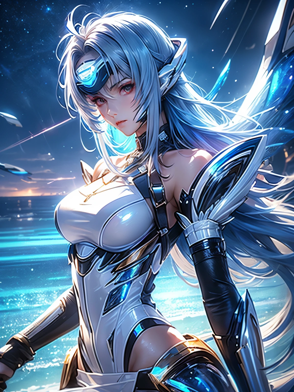 Standing KOS-MOS full body  ， score_9,  score_8_Excellent,  score_7_Excellent, 32K ，((  Ultra Real Details  ))、cowboy shot,shadow、 octane rendering 、 ultra sharp、  highly detailed faces at a pachinko parlor 、Blue Hair、 straight hair,  SHINY AND CLEAN HAIR 、 White Shiny Skin 、 sexy cyberpunk girl 、 fiberglass 、Light emitting tube、 Extremely Complex Details 、 real light 、 CGSoation Trends、((red eyes))、Neon Details、 Mechanical Hands 、 mechanical spine attached to the back、Clothes that make you look like you have six pack abs、mechanical neck worn around the neck 、  head 、 Space Background Radiation 、 rat path section、(( Valkyrie ))、((  Dramatic Graphic Backdrop  ：Starry Sky  ，Moonlight rays，  Huge Moon、Dynamic ocean background))(( top quality)),( Ultra High Resolution),( Super Detail)