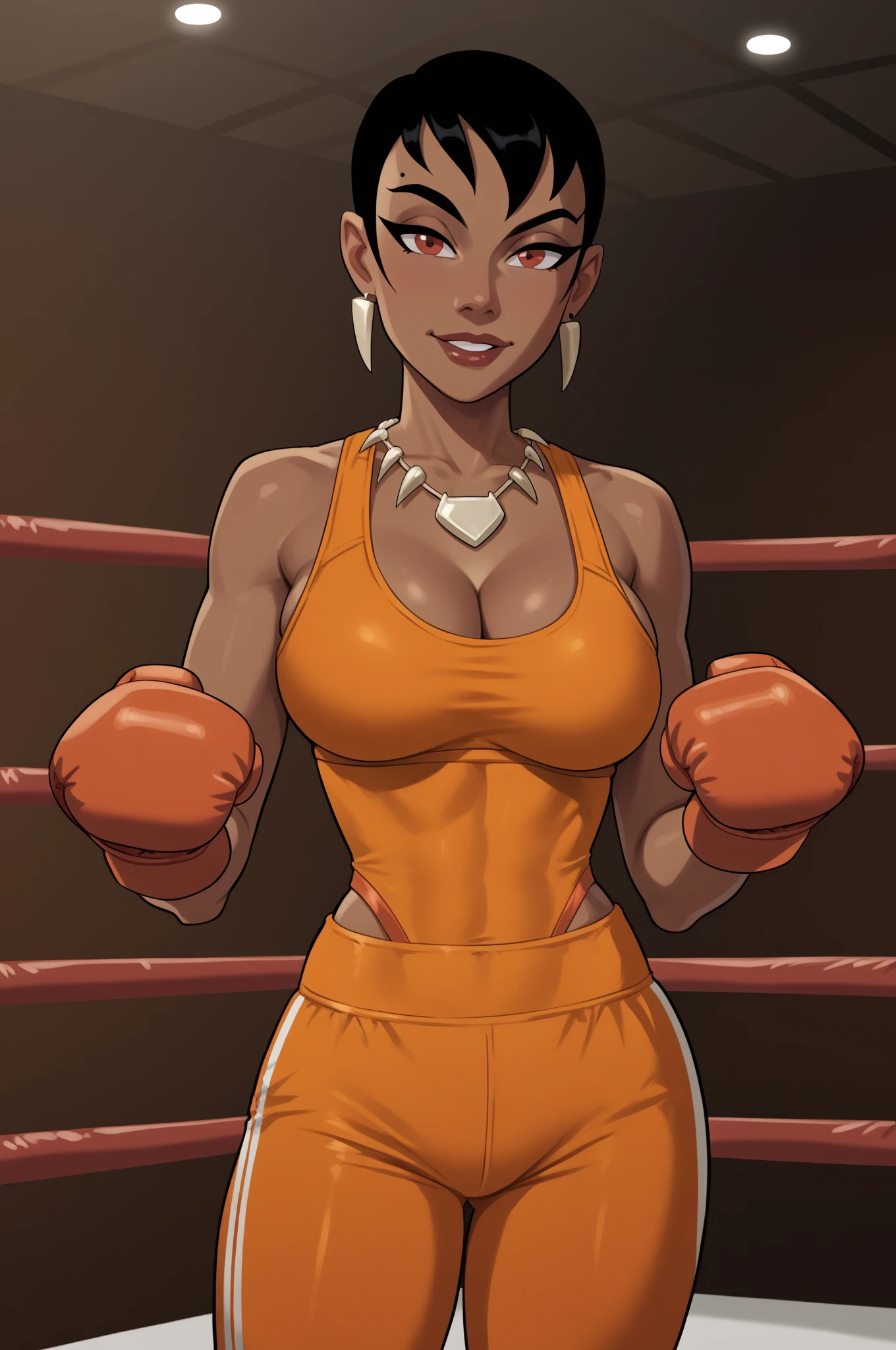 ((masterpiece, best quality)), 1girl, solo, alex, short hair, black hair, brown eyes, dark skin, tan, lipstick, boxing ring, smile, boxing, combat pose, action shot, white hand wrappings, boxing gloves, white foot wrappings, choker, barefoot, anklet, bandages, full body, full body, completely nude, smiling, looking angry