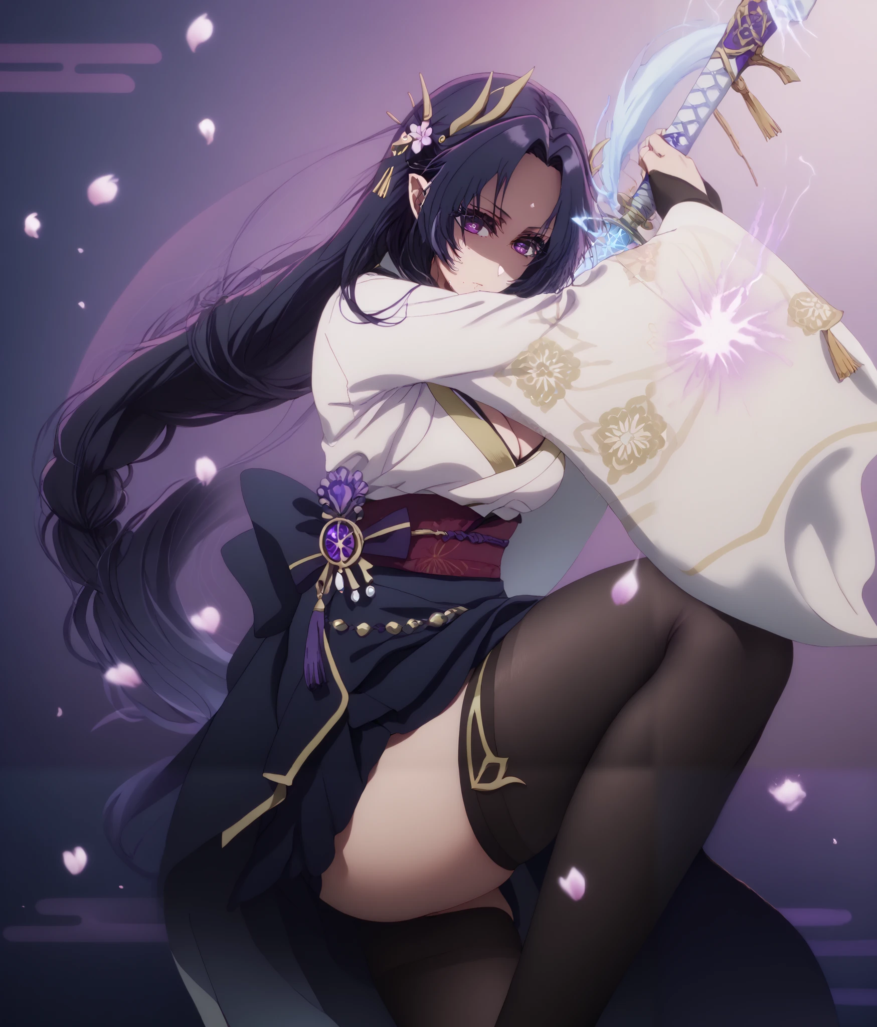 uncensored, gamma, long hair, purple eyes, black hair, ((parted bangs)), forehead, very long hair, pointy ears, mole, mole under mouth, bright pupils, anime coloring, anime screencap, (voluptuous:1.3), (thick:1.3), BREAK UHD, retina, masterpiece, accurate, anatomically correct, super detail, high details, high quality, best quality, highres, 4K, excessive sweating, sweating, sweating drop, (gasping, heavy breathing:1.3), (skindentation:1.2), perfect eyes, beautiful eyes, eyelashes, makeup, detailed body, perfect body, BREAK, 1girl, solo, japanese_clothes, sword, weapon, breasts, holding_sword, kimono, holding_weapon, thighhighs, obiage, musou_isshin_(genshin_impact), purple_flower, looking_at_viewer, obi, holding, sash, flower, tomoe_(symbol), obijime, mitsudomoe_(shape), electricity, cleavage, wide_sleeves, bridal_gauntlets, tassel, closed_mouth, long_sleeves, egasumi, petals, katana, ribbon, falling_petals, purple_nails, drawing_sword, vision_(genshin_impact), purple_thighhighs, shaded face, (aura:1.4), simple background