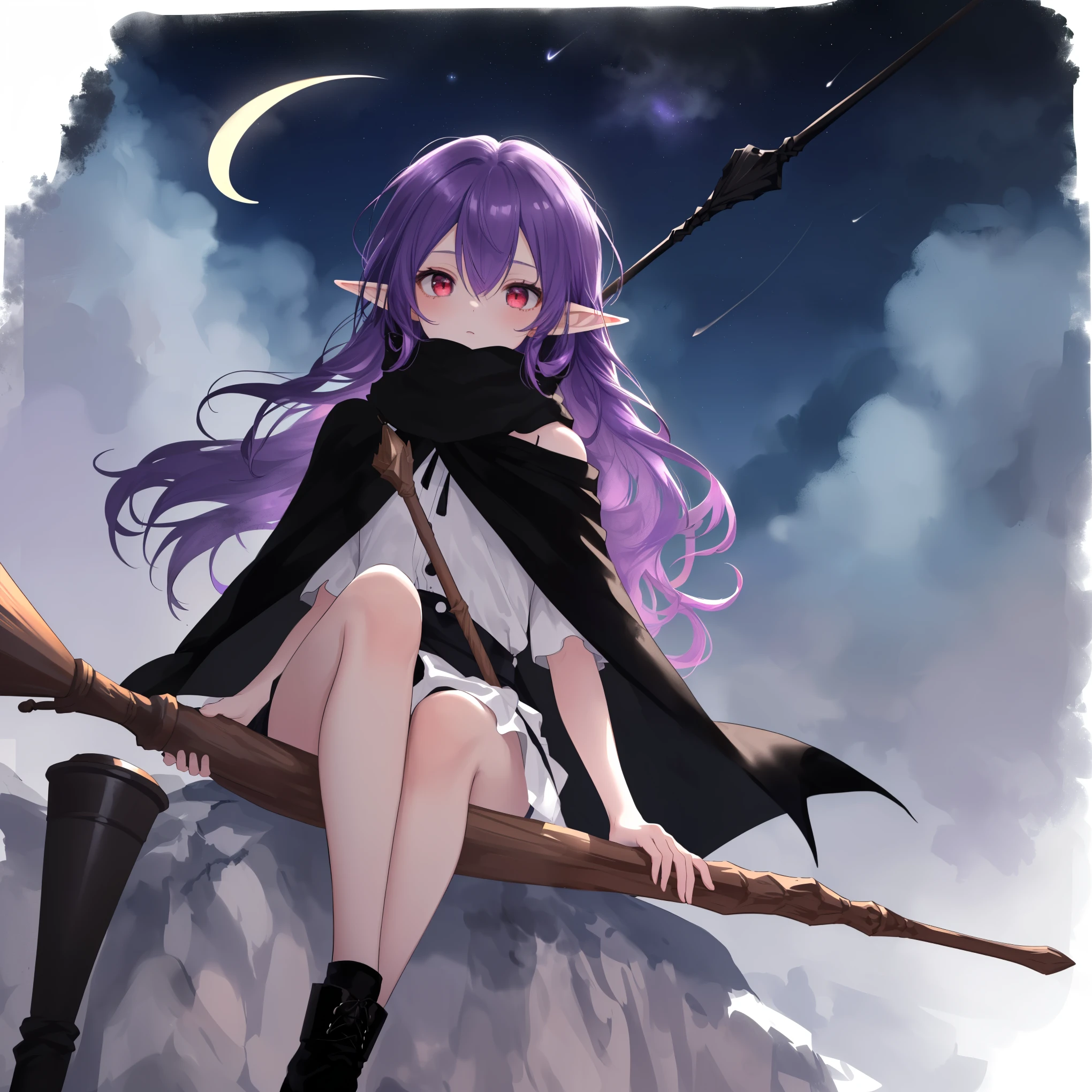 female which, ((elf sitting on a broomstick, flying in the sky)), high quality, masterpiece, delicate hair, determined delicate eyes, ((masterpiece, best quality)), high quality, masterpiece, delicate hair, girl, ((Ruby red eyes)), (purple hair), long hair, elf ears, ((black broomstick with a long handle and a tuft of purple hair:1.4)), ((off-shoulder)), (loose long hair), ((black cape)), ((scarf, elf looking towards viewer, viewpoint from below looking up, background has night sky with crescent moon, knight, intense shadows, ash)), ((Ink wash painting)), ((ink splashing)), ((color splashing))