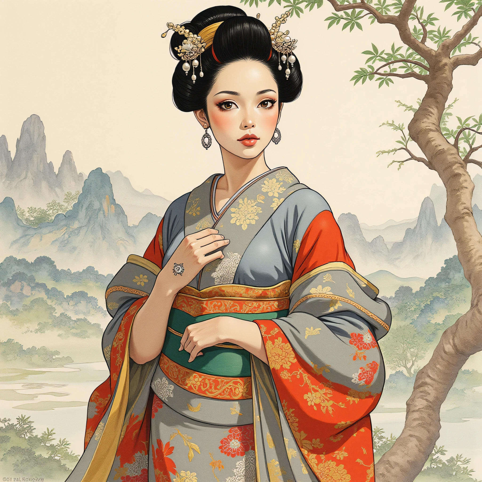 the detailed proportions and textures brushed multicolored and softened with airbrush, a semi-realistic Chinese ink illustration A young traditional geisha of from the Edo period is shown (full body, pose and in high quality) in traditional Japanese (western) attire. innocent look, Full lips and defined eyebrows, huge (and round) breasts, thick thighs in bed, wide hips, thin and high waist, flat stomach.  Her hair is styled in an elaborate updo adorned with intricate hairpins and ornaments. The kimono she wears is richly decorated with floral patterns in shades of white, grey and blue-silver, with layers of fabric visible, including a green sash. The overall style is elegant and refined, capturing the essence of traditional Japanese art with a modern twist. The background is a landscape in the Nihonga (Japanese) style, which draws attention to the subject and gives depth to the illustration. saturation in the very defined color palettes (color with monochrome shading and bright shades of red 25 % + yellow 25 % + blue 25% + biofluorescent 12.5% + transparencies 12.5%). aesthetic fusion by (fibonacci ratio. a realistic doll of a young Monica Bellucci. a young girl has pink skin with white-gray tones that give her contrast and brightness type of character. fluid texture of thin, thin fabric that molds to your figure (her clothes with relief and folds give volume and depth to the character) style. soft focus, highly detailed and sharp, Approaching perfection, full hd 8k, High and low angles. of Milo Manara, Gianni Versace, coco chanel, Alberto Vargas, Greg Rutkowsk art style.
