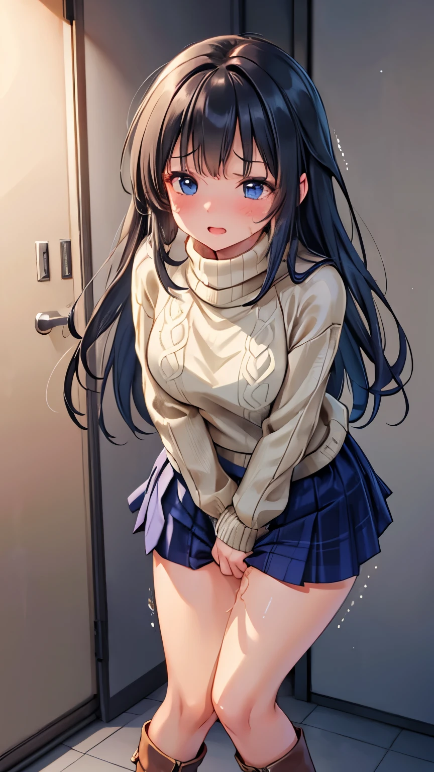 (8K, ultra-detailed, best quality, ultra-detailed face, anatomically perfect figure, extremely detailed beautiful girl:2), (SIGMA 135 mm F/2.8, 1/20 sec shutter, award-winning photo), beautiful small breasts, shiny skin, (have to pee), (Disheveled hair), (She extremely frantically hold her crotch along with her sweater and skirt:1.9), (Standing wriggling:1.4), (pee-dance), (Cross her legs and rub them together:1.7), (panting), (full face blush), embarrassment, (impatience:1.6), (flustered:1.3), breathless, (unable to hold pee anymore desperate look:1.2), (wide oval eyes:1.5), (closed mouth tightly), (She needs to urgently pee so badly:1.2), (She twists her body and waits desperately holding pee for her turn to use the stall:1.3), (focus ankle boots:1.1), nsfw,