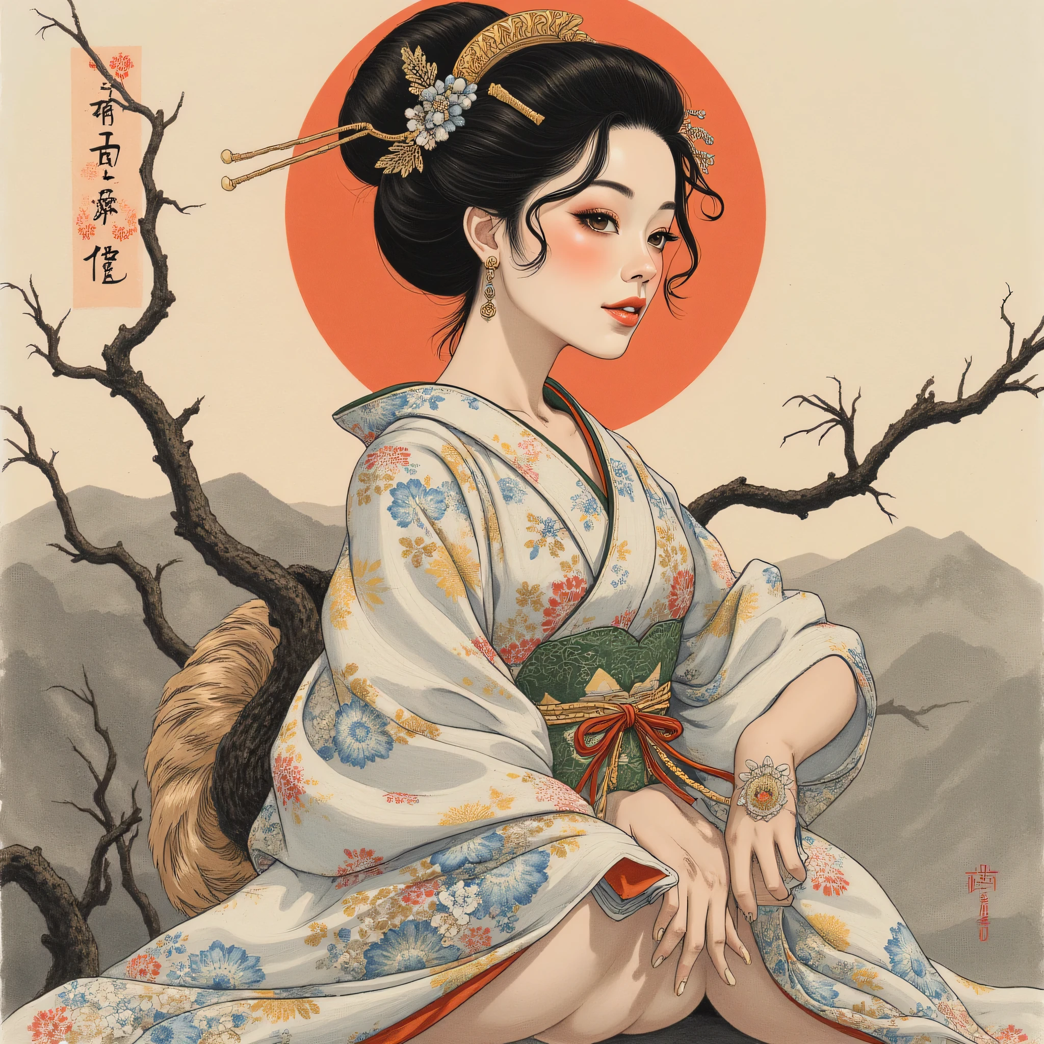 the detailed proportions and textures brushed multicolored and softened with airbrush, a semi-realistic Chinese ink illustration A young traditional geisha of from the Edo period is shown (full body, pose and in high quality) in traditional Japanese (western) attire. innocent look, Full lips and defined eyebrows, huge (and round) breasts, thick thighs in bed, wide hips, thin and high waist, flat stomach. Her hair is styled in an elaborate updo adorned with intricate hairpins and ornaments. The kimono she wears is richly decorated with floral patterns in shades of white, grey and blue-silver, with layers of fabric visible, including a green sash. The overall style is elegant and refined, capturing the essence of traditional Japanese art with a modern twist. The background is a landscape in the Nihonga (Japanese) style, which draws attention to the subject and gives depth to the illustration. saturation in the very defined color palettes (color with monochrome shading and bright shades of red 25 % + yellow 25 % + blue 25% + biofluorescent 12.5% + transparencies 12.5%). aesthetic fusion by (fibonacci ratio. a realistic doll of a young Monica Bellucci. a young girl has pink skin with white-gray tones that give her contrast and brightness type of character. fluid texture of thin, thin fabric that molds to your figure (her clothes with relief and folds give volume and depth to the character) style. soft focus, highly detailed and sharp, Approaching perfection, full hd 8k, High and low angles. of Milo Manara, Gianni Versace, coco chanel, Alberto Vargas, Greg Rutkowsk art style.