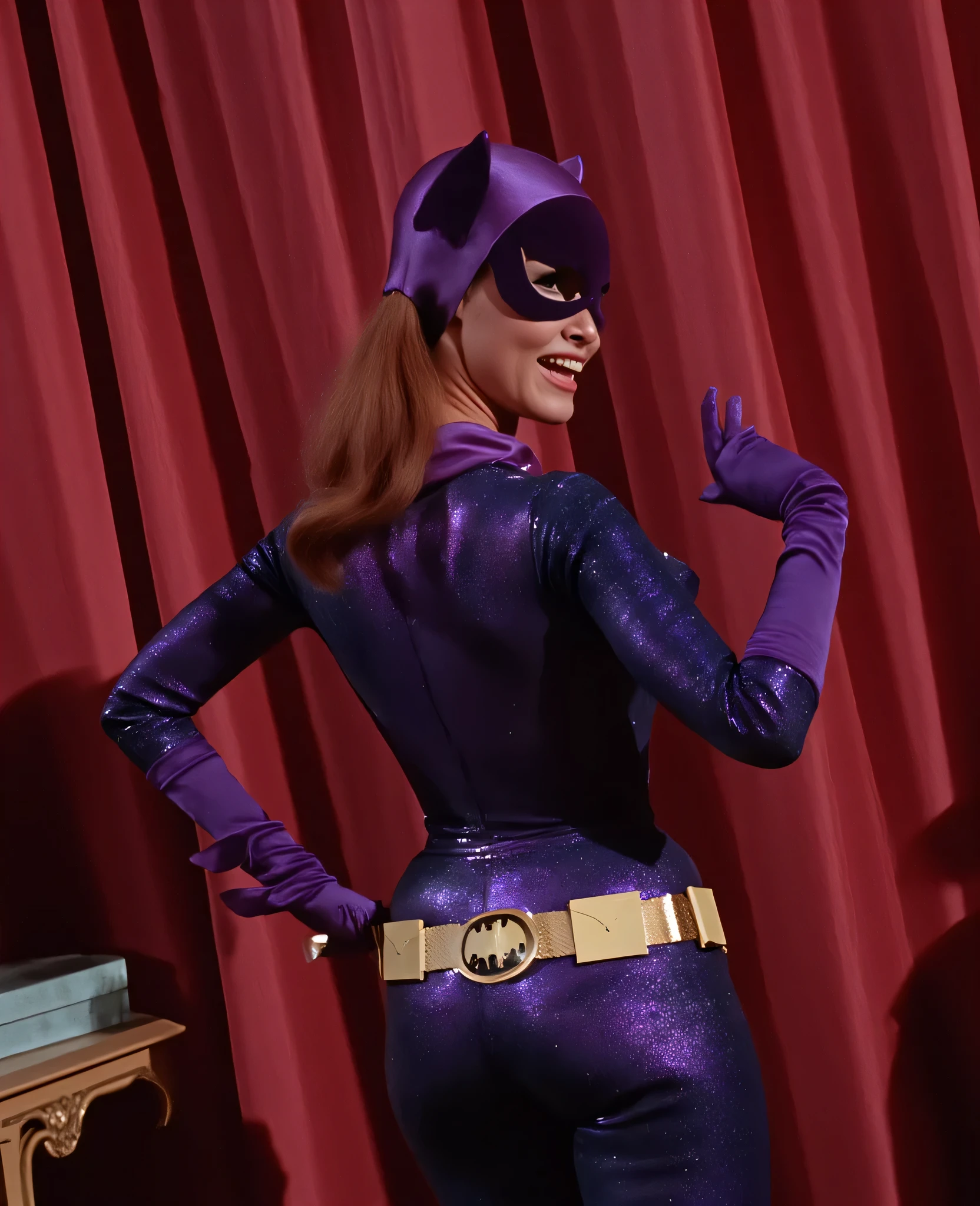 sexy Hungarian model, Masterpiece, Award Winning, High Quality, artgerm, solo, bubble butt, wearing retro Batgirl purple costume , , big breast, retro red hair, looking at viewer, makeup, no cape, b4tg1rl woman, posing sexy, back angle, showing her ass, focus on her ass, She has a round ass, Round ass, large breasts, Backwards, at a 60s gogo club, no gloves, retro50s_style