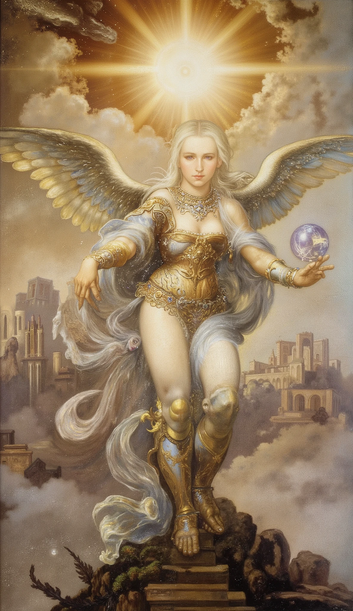 A breathtaking female Nephilim, standing atop an ancient temple bathed in golden celestial light. Her ethereal wings, a blend of white and silver, stretch gracefully behind her, their feathers shimmering like stardust. Her long, flowing platinum hair cascades over her intricate golden armor, adorned with celestial engravings and sacred runes. Her piercing violet eyes hold the wisdom of ages. A flowing translucent robe swirls around her as if moved by an invisible force. She extends one hand forward, conjuring a radiant orb of divine energy. The background features a sky infused with soft clouds and beams of heavenly light. Oil painting, Renaissance style, soft yet dramatic lighting, hyper-detailed brushwork, warm color palette.