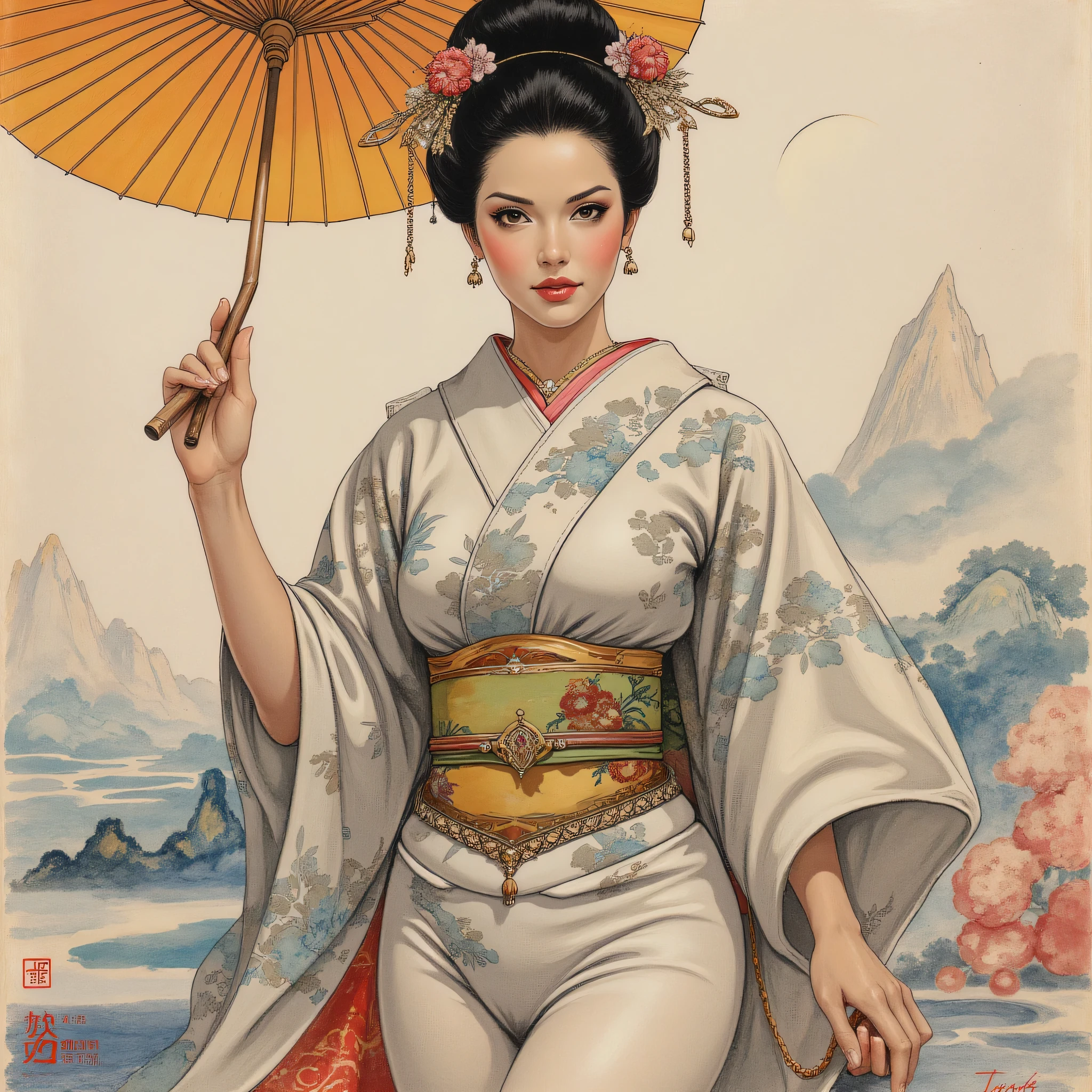 the detailed proportions and textures brushed multicolored and softened with airbrush, a semi-realistic Chinese ink illustration A young traditional geisha of from the Edo period is shown (full body, pose and in high quality) in traditional Japanese (western) attire. innocent look, Full lips and defined eyebrows, huge (and round) breasts, thick thighs in bed, wide hips, thin and high waist, flat stomach.  Her hair is styled in an elaborate updo adorned with intricate hairpins and ornaments. The kimono she wears is richly decorated with floral patterns in shades of white, grey and blue-silver, with layers of fabric visible, including a green sash. The overall style is elegant and refined, capturing the essence of traditional Japanese art with a modern twist. The background is a landscape in the Nihonga (Japanese) style, which draws attention to the subject and gives depth to the illustration. saturation in the very defined color palettes (color with monochrome shading and bright shades of red 25 % + yellow 25 % + blue 25% + biofluorescent 12.5% + transparencies 12.5%). aesthetic fusion by (fibonacci ratio. a realistic doll of a young Monica Bellucci. a young girl has pink skin with white-gray tones that give her contrast and brightness type of character. fluid texture of thin, thin fabric that molds to your figure (her clothes with relief and folds give volume and depth to the character) style. soft focus, highly detailed and sharp, Approaching perfection, full hd 8k, High and low angles. of Milo Manara, Gianni Versace, coco chanel, Alberto Vargas, Greg Rutkowsk art style.
