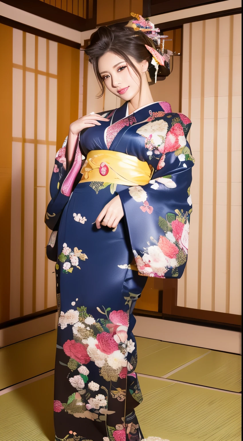((masterpiece(:1.4)，Highest quality，Ultra-high resolution，Highest quality，8k，Extremely detailed，In detail))。night，Japanese，(A beautiful woman)，glossy，slim，Large Breasts(1.6)，sexy，glamorous，Golden Ratio Style，Perfect Style，Flashy gal makeup，Red light district，Bedroom，Oiran，Prostitute，Sunny day outfit，Uchikake，Gold brocade，((A gorgeous kimono))，A cutting board belt tied in front，Hair tying，hairpin，hair ornaments，Gorgeous costumes，Beautiful standing posture，Presence，Exude sex appeal，