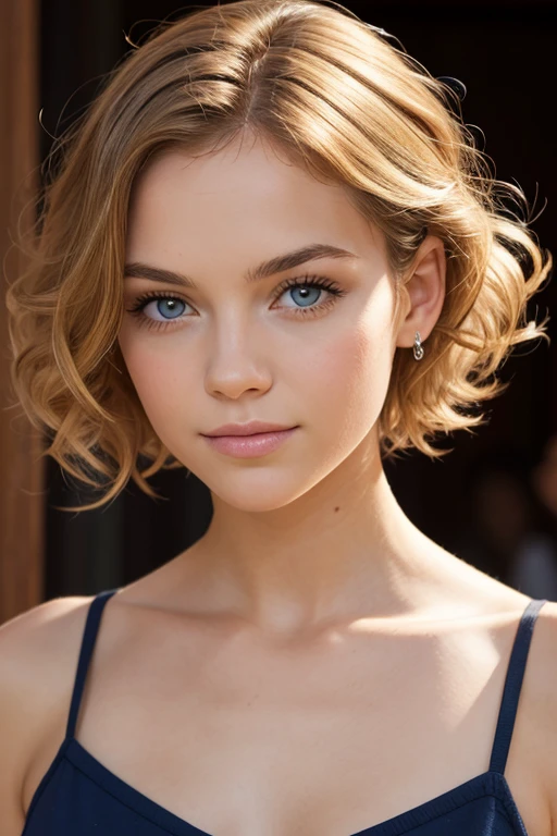 fille de face, curly short blond hair.