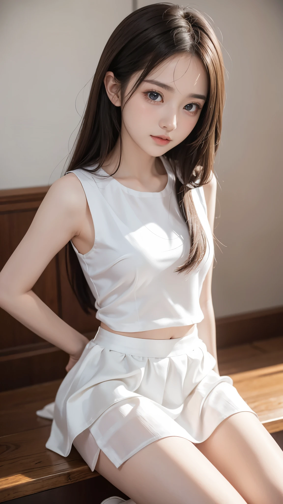 big eyes、Beautiful breasts、 blue eyes、 beautiful waistline、 beautiful eyes、Beautiful small face、 cute lips、((-yeld hischool girl、Young Face))、(((whiteeveless 、 white silk tight skirt)))、 naughty poses during sex with my boyfriend、 Silver Hair、 semi-long hair、9From head to body、smile、 straight perm、 top quality、 Masterpiece、8k、 RAW photos 、 reality、 super high heels