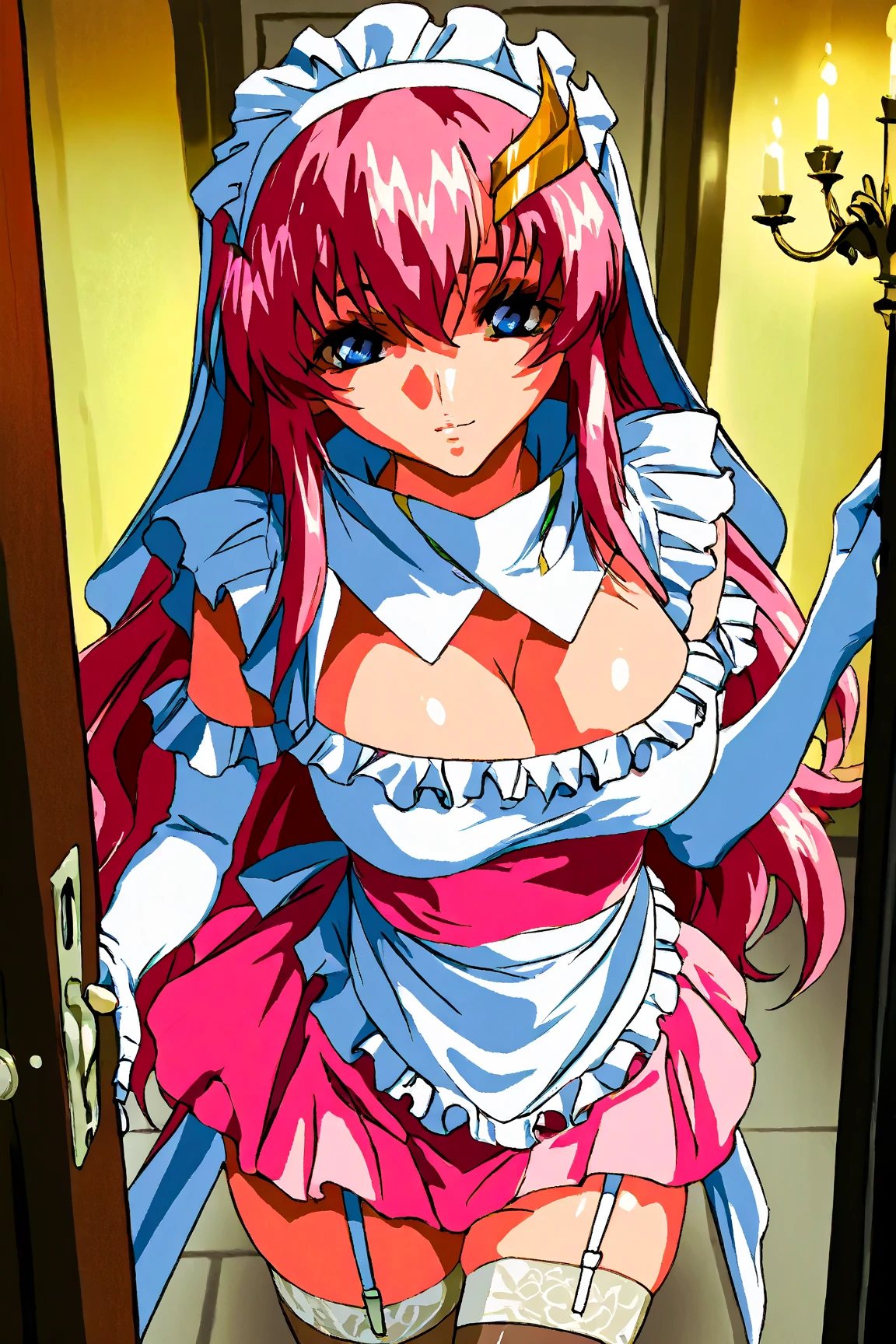 nsfw:1.1,Masterpiece:1.1,Detailed and beautiful depiction 1.1,Official Art,Beautiful adult woman ,Megurine Luka,Pink long hair,blue eyes,Large Breasts,Erotic smile temptation,Maid clothes,Embarrassed, she lifts her skirt to reveal her black shorts,(Show your vagina),bedroom
