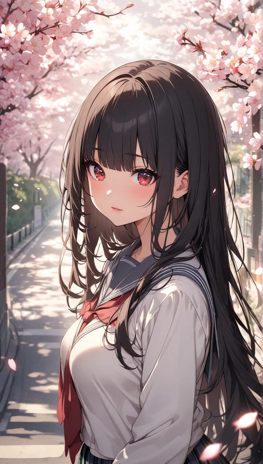 A sunny morning in spring, a row of cherry blossom trees lining the street. A cheerful girl in a sailor uniform turns around with a smile.