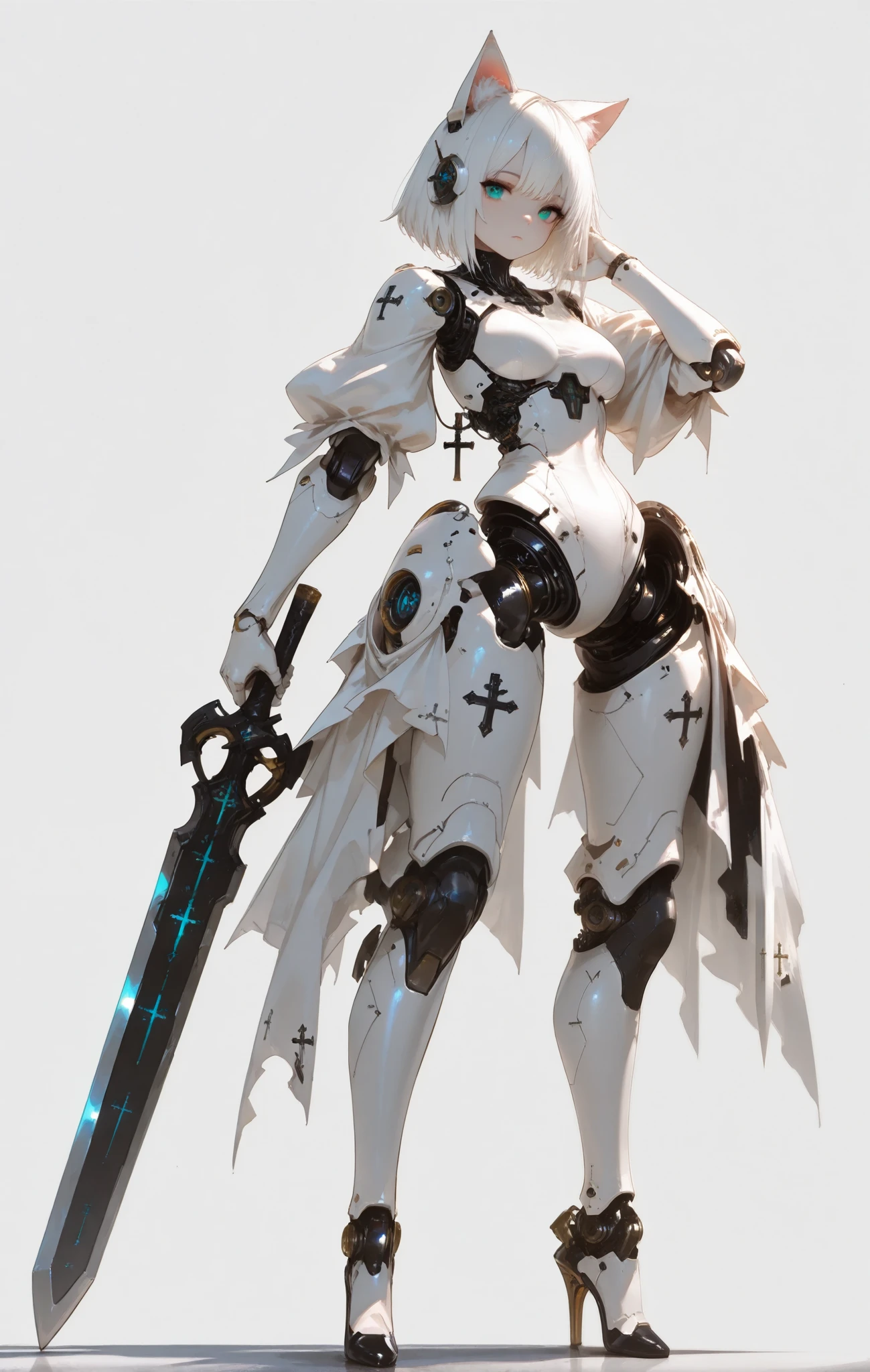 (xilmo, konya karasue:0.9) (dino \(dinoartforame\):0.9],1girl, cat girl, pig nose, cat ears, robot joints, white hair, breasts,long hair, short hair, high heels standing, sword, huge weapon, robot, android, looking at viewer, detailed eyes, luminous lighting,science fiction, solo, holding, full body, simple background, weapon, holding weapon, joints, holding sword, cross, humanoid robot , masterpiece, best quality, very aesthetic, absurdres,
