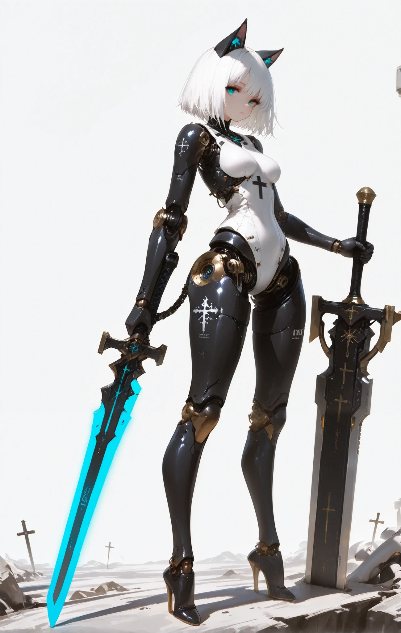 (xilmo, konya karasue:0.9) (dino \(dinoartforame\):0.9],1girl, cat girl, pig nose, cat ears, robot joints, white hair, breasts,long hair, short hair, high heels standing, sword, huge weapon, robot, android, looking at viewer, detailed eyes, luminous lighting,science fiction, solo, holding, full body, simple background, weapon, holding weapon, joints, holding sword, cross, humanoid robot , masterpiece, best quality, very aesthetic, absurdres,
