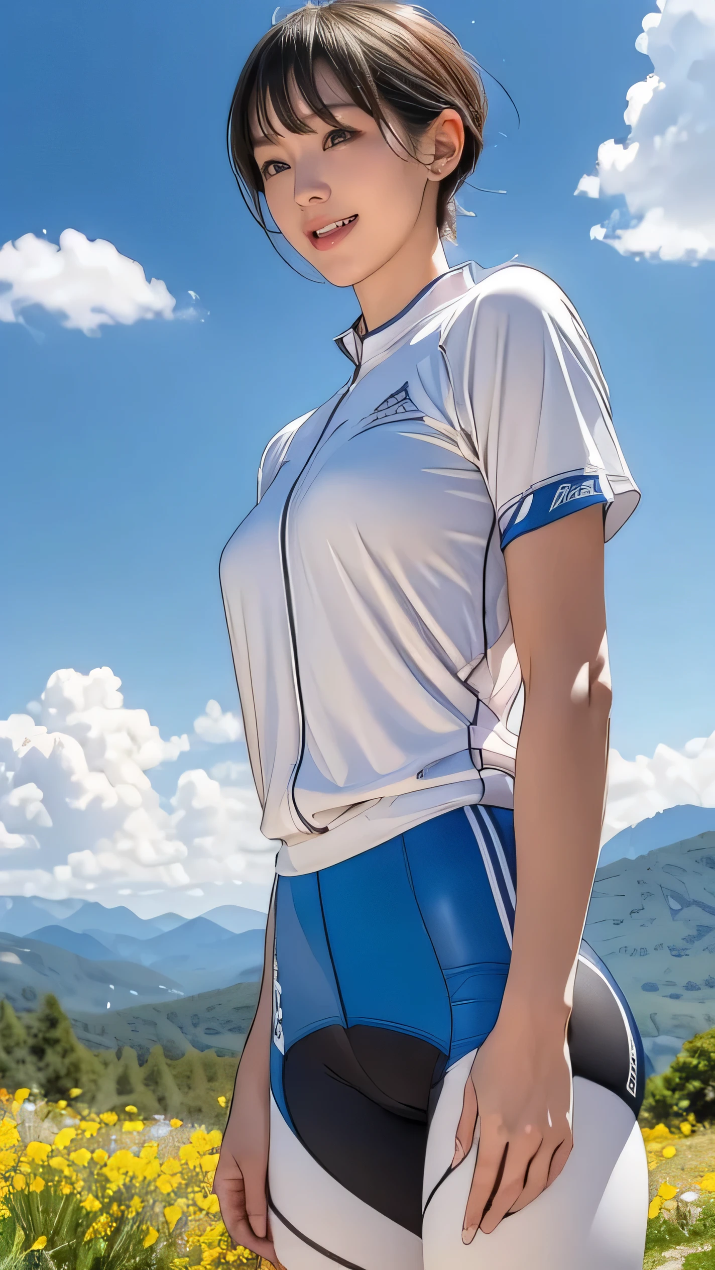(girl, 14 years old, Same height :1.2) ,masterpiece,Mountain bike,Cycling Enthusiasts,beautiful girl,Professional attire,Blue sky and white clouds,8k, 日本のgirl , Very short hair , Camel Toe, (High color saturation:1.0), (skin is very delicate), (Highest quality:1.0), (Ultra-high resolution:1.0) ,(Actual:1.0), (Very detailed:1.0), (8k, RAW Photos:1.1)