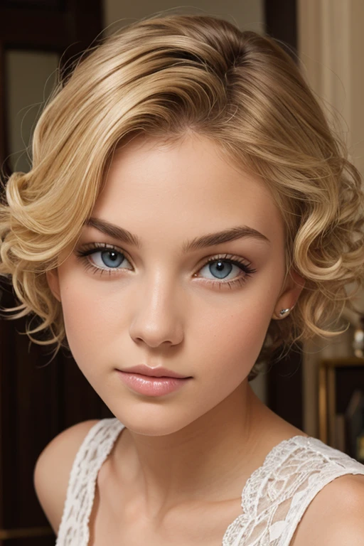 (Masterpiece), (best quality), (realistic), (Beautiful+(feminine)+((lovely))+innocent), Blonde short curly hair, (crystal blue eyes), beautiful eyes, almond eyes, happy eyes, 40 years, (feminine curves), (round cheeks), dimples, rounded chin, (adoration expression), small nose, 160cm, smiling, red lips, wearing a beautiful strapless dress, headshot