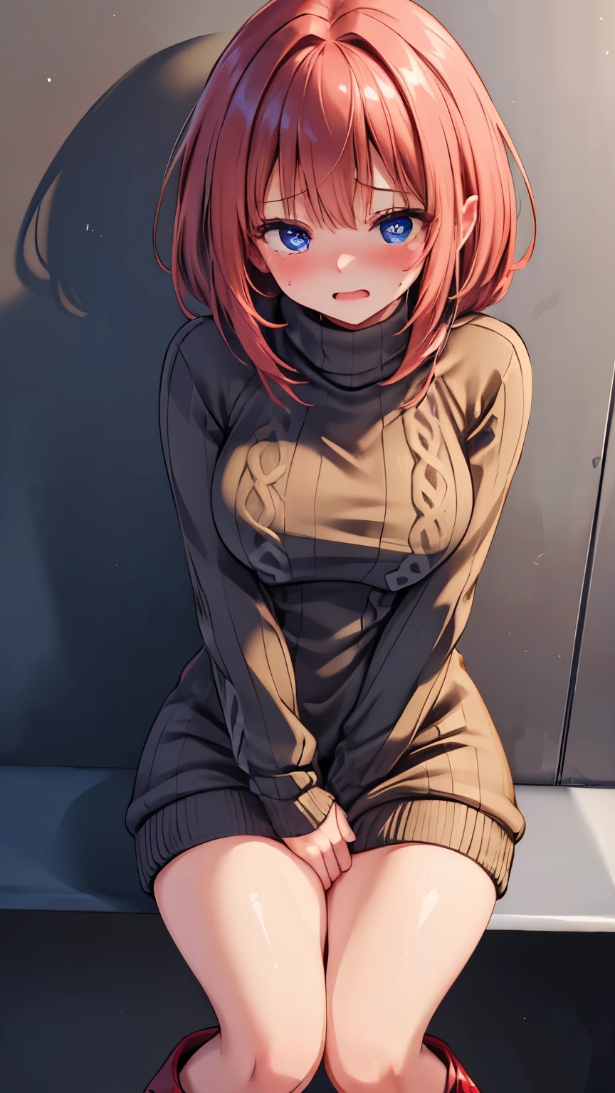 anime girl sitting on a couch with her hands on her head, thicc, anime girl wearing  a black hoodie, ginger hair, short messy hairstyle,blue eyes, beautiful face with freckles, full body portrait of a short!, [ 4 k digital art ]!!, marin kitagawa fanart, large thighs, high quality portrait, !!full body portrait!!, sitting on the couch