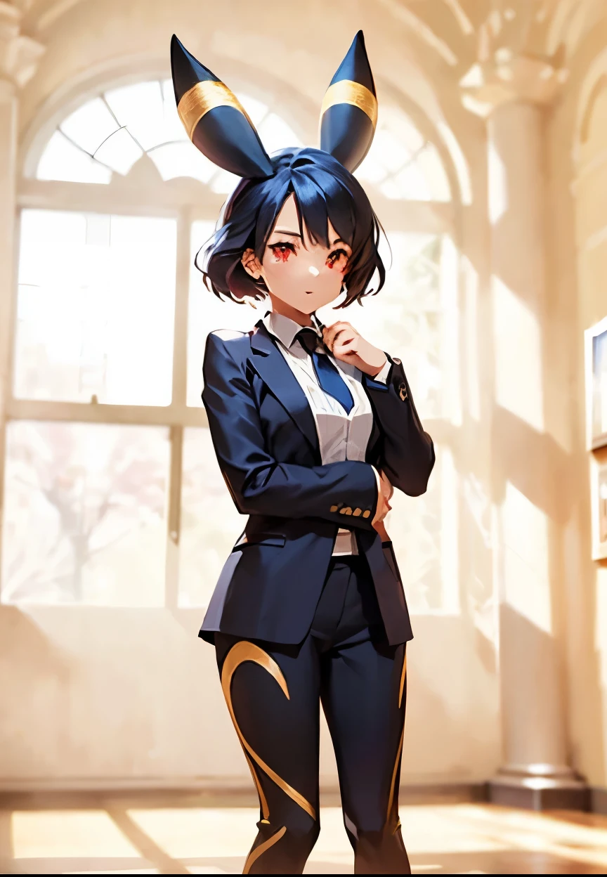  A dramatic wedding scene on a majestic gothic-romantic altar ,  with an anime-style woman standing confidently under a soft golden light that filters through a frosted glass window.  She has jet black hair Pixie cut with shiny texture ,  vibrant red eyes that shine slightly , ears similar to those of an Umbreon  ( with a horizontal yellow stripe ),  a seductive smile and sharp facial features .  She wears a tight black suit with a white shirt ,  black jacket and black pants that highlight her slender waist and toned figure ,  along with a pastel pink silk tie .  The altar is decorated with white roses ,  ivy garlands and crystal chandeliers ,  with a soft haze near the floor and rays of golden light .  behind her,  a frosted glass window with heavenly patterns in deep blue and gold , and in the background,  blurry silhouettes of guests dressed in tag .  Petals of white and pale pink flowers float around the scene ,  creating a romantic and slightly gothic atmosphere .