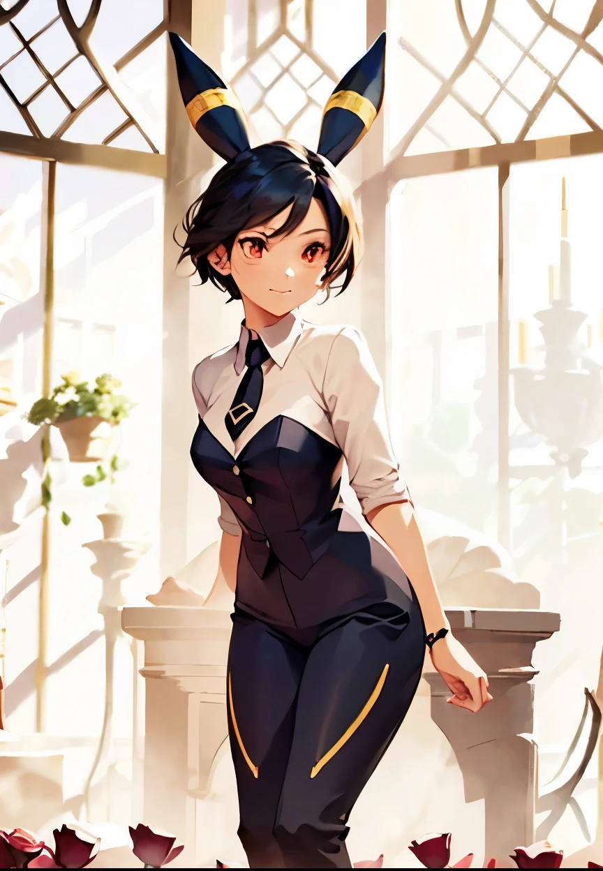 A dramatic wedding scene on a majestic gothic-romantic altar , with an anime-style woman standing confidently under a soft golden light that filters through a frosted glass window. She has jet black hair Pixie cut with shiny texture , vibrant red eyes that shine slightly , ears similar to those of an Umbreon ( with a horizontal yellow stripe ), a seductive smile and sharp facial features . She wears a tight black suit with a white shirt , black jacket and black pants that highlight her slender waist and toned figure , along with a pastel pink silk tie . The altar is decorated with white roses , ivy garlands and crystal chandeliers , with a soft haze near the floor and rays of golden light . behind her, a frosted glass window with heavenly patterns in deep blue and gold , and in the background, blurry silhouettes of guests dressed in tag . Petals of white and pale pink flowers float around the scene , creating a romantic and slightly gothic atmosphere .