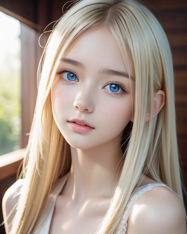 Highest quality、masterpiece、Ultra-high resolution、(Photorealistic:1.4)、1 Girl、14 years old、The ultimate beautiful girl、Very beautiful shiny light pale blonde hair、Super long straight silky hair、bangs over eyes、片bangs over eyes、Blonde hair between the eyes、Blonde hair hanging in the center of the face、Big, very bright, pale blue eyes that shine beautifully、Very big bright eyes、Eye highlights、shoulder、Charm、Looking at the camera、Very white and bright skin、Small Face Beauty、Round face、A shy, gentle and bright expression、Looking up、Cheek gloss highlighter