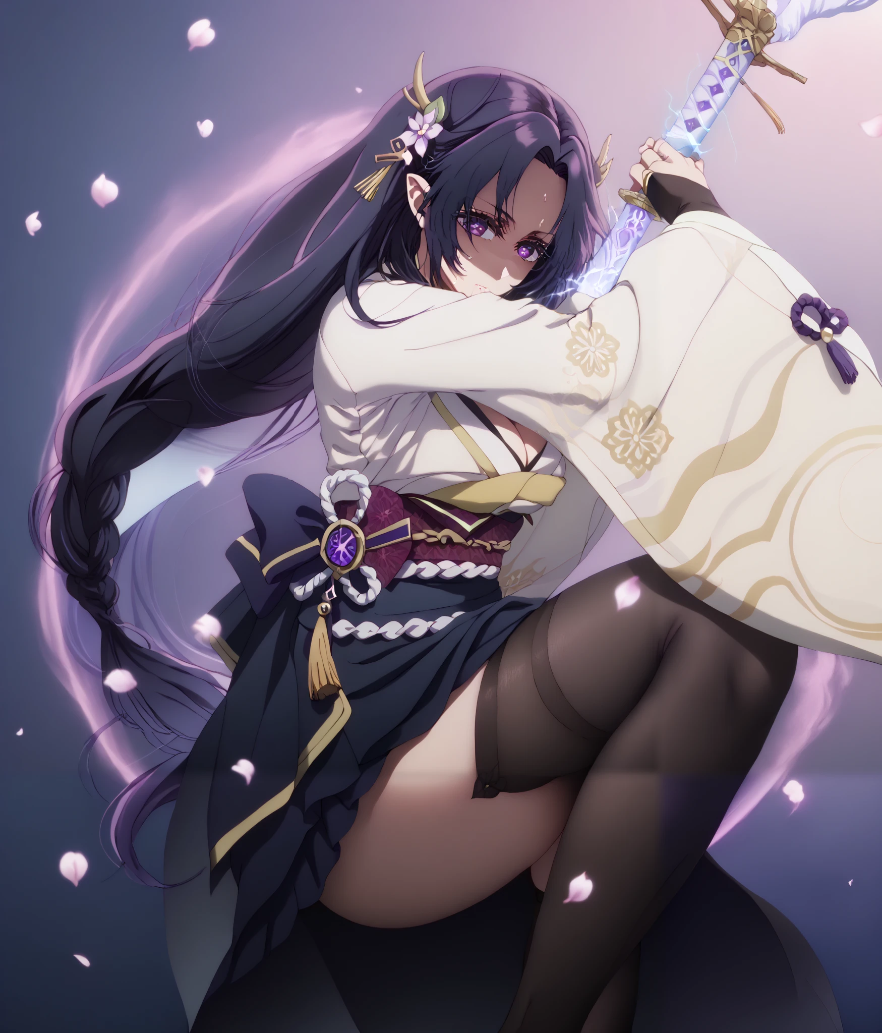 uncensored, gamma, long hair, purple eyes, black hair, ((parted bangs)), forehead, very long hair, pointy ears, mole, mole under mouth, bright pupils, anime coloring, anime screencap, (voluptuous:1.3), (thick:1.3), BREAK UHD, retina, masterpiece, accurate, anatomically correct, super detail, high details, high quality, best quality, highres, 4K, excessive sweating, sweating, sweating drop, (gasping, heavy breathing:1.3), (skindentation:1.2), perfect eyes, beautiful eyes, eyelashes, makeup, detailed body, perfect body, BREAK, 1girl, solo, japanese_clothes, sword, weapon, breasts, holding_sword, kimono, holding_weapon, thighhighs, obiage, musou_isshin_(genshin_impact), purple_flower, looking_at_viewer, obi, holding, sash, flower, tomoe_(symbol), obijime, mitsudomoe_(shape), electricity, cleavage, wide_sleeves, bridal_gauntlets, tassel, closed_mouth, long_sleeves, egasumi, petals, katana, ribbon, falling_petals, purple_nails, drawing_sword, vision_(genshin_impact), purple_thighhighs, shaded face, (aura:1.4), simple background