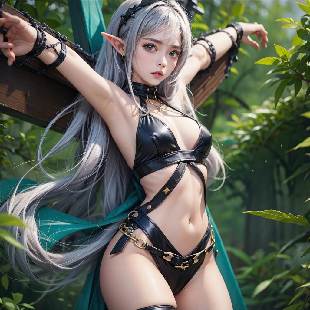 here is a woman in a black and white outfit sitting on the dcound near pond with blooming lotous holding and playing on GUZHENG, sharp silver armor fuchsia skin, glossy white armor, great quality anime art, illustration, high quality realistic anime art, seductive face expression, beautiful elf girl with blue eyes, 4k best quality, 8 k character details, ornate bikini armor, high quality anime art, melodic aura around women , high quality illustration, eastern fantasy musicant women