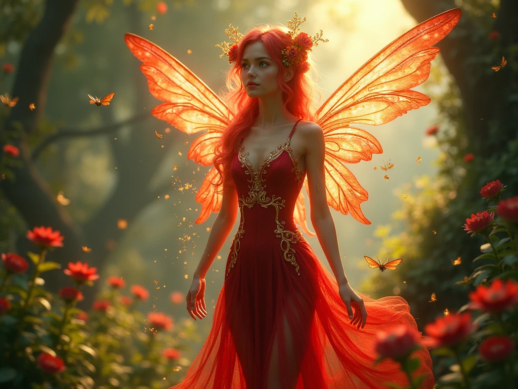 Animated Fairy, in magical forest, theme red and mix with orange,
Make fariy scarry and gorgeous with horns 
And make girl teenager and with wings. Color shining organiser 
Make cover outfit
