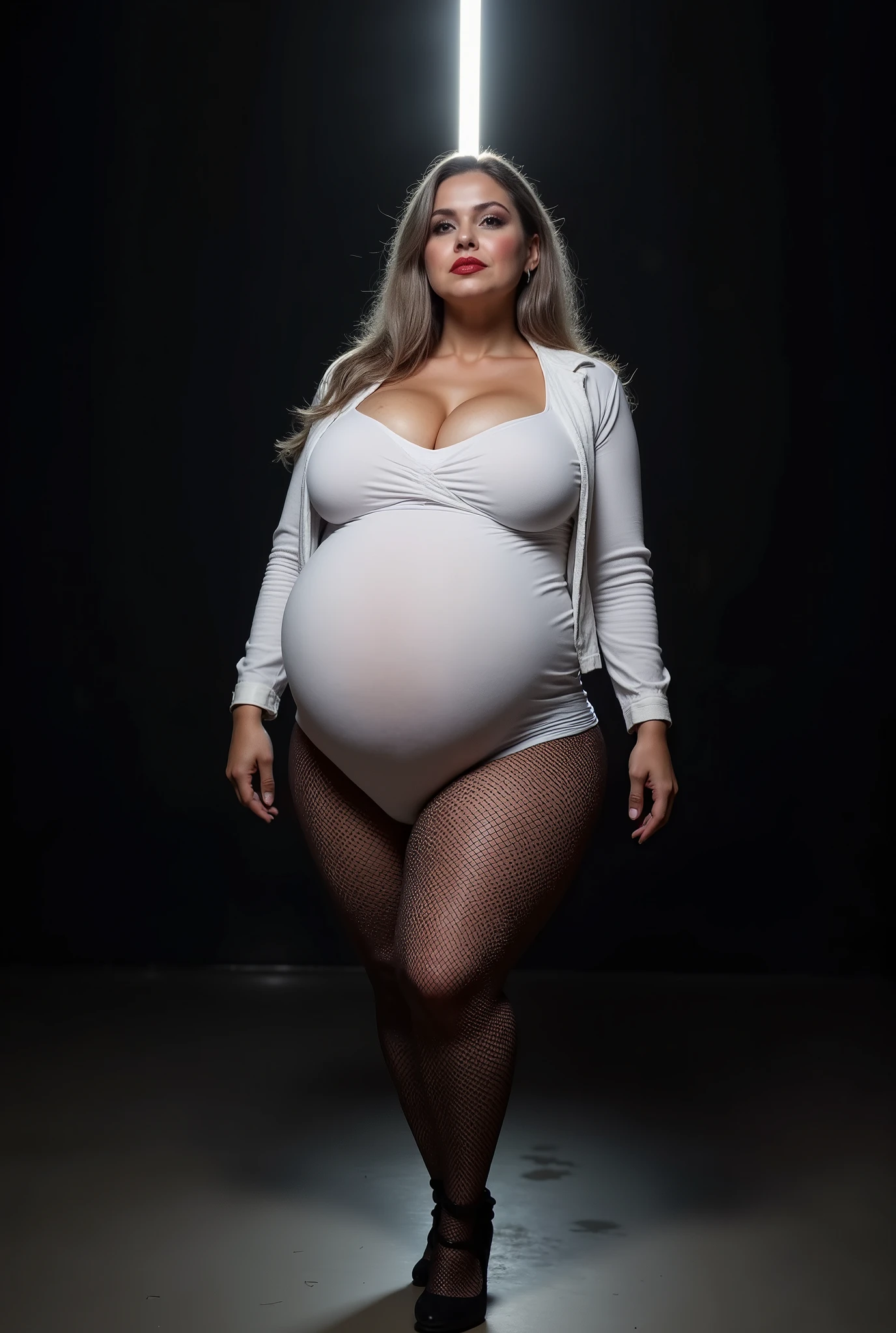 background:Darkness, A single line of spotlight from above and directly below(width:1.0,Strength:2.5), Full body portrait, high heels, white half jacket:0.9, nsfw, Mom Type, Serious Expression , Wrinkles around the eyes and mouth , 50歳の熟女Pregnant women, Very big cat ears, Cate Blanchett, Gray Hair( long hair), レザーの White Catsuit ( black fishnet tights:1.6), very plump body , very plump body , saggy very big bust:1.9, wide hips, Very thick thighs, Very thick waist , Pregnant women, Pregnant women, Gray Hair:1.9, White Catsuit ( black fishnet tights:1.6),Wrinkles around the eyes and mouth , 50歳の熟女Pregnant women, nsfw, Red Lip Gloss :1.7, very plump body , very plump body , saggy very big bust:1.9, wide hips, Very thick thighs, Very thick waist , very plump body , very plump body , saggy very big bust:1.9, wide hips, Very thick thighs, Gray Hair( long hair), Gray Hair( long hair), Gray Hair( long hair), white half jacket:0.9, Full body portrait, high heels,background:Darkness, A single line of spotlight from above and directly below(width:1.0,Strength:2.5), Serious Expression ,