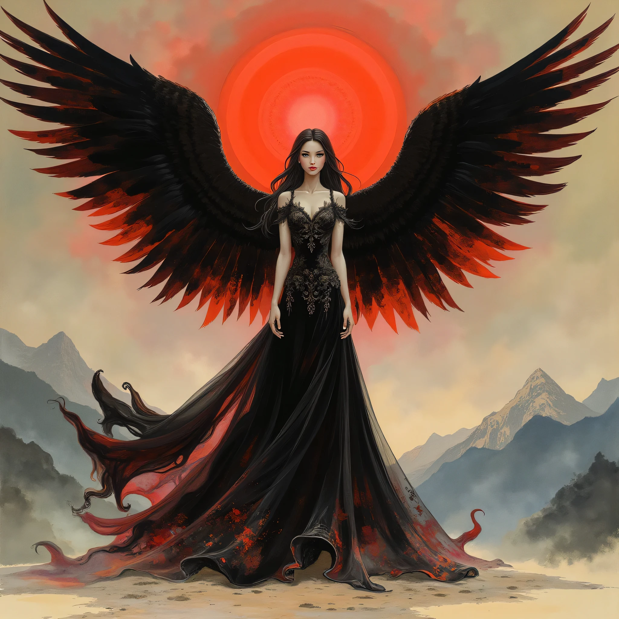Detailed proportions and textures and multi-color with airbrushed brush strokes that presents a semi-realistic illustration in Chinese ink a female figure with striking, large wings. The wings are predominantly black with vibrant red accents, creating a dramatic contrast. The figure stands in a powerful pose, wearing a long, flowing black gown with intricate designs. Her skin is pale, and she has long, dark hair cascading down her shoulders. A glowing red halo hovers above her head, adding a mystical element. The background is a moody, cloudy sky with hints of mountains in the distance, enhancing the ethereal and otherworldly atmosphere of the scene.very balanced saturation in the color palettes very defined (Color with monochorome intense shaded tones and shine, tone red 25% + yellow 25% + blue 25% + biofluorescent 12.5%+ transparencias 12.5%. Aesthetic fusion by (Fibonacci ratio. A poupée realiste of a young girl ballet-like. female (Including a variety of pink skin and beige-dark tones that give it contrast and shine) character type. Fluid texture that gives the sensation of movement to the Thin, fine of leaves that moulds to the figure (her clothes with relief and folds give volume and depth to the character) style. Haute couture photoshoot (in high quality of full body). Sharp Highly Detailed Soft Focus, Approaching Perfection, Full HD 8K. High and Low Angles. of Coco Chanel, Gianni Versace, Alberto Vargas, Greg Rutkowsk art style fusion.