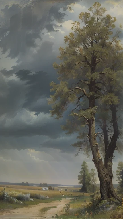 Oil paints , acrylic paint ,tmasterpiece, renaissance style ,The best quality , Golden Space , idyllic landscape ,present ,The tree,,herboso,sky sky,clouds ,transparente, Realistic landscape painting,Author:Levitan, Traveling schools , cloudy, Melancholic scene , grey sky, dark sky, Gloomy landscape,