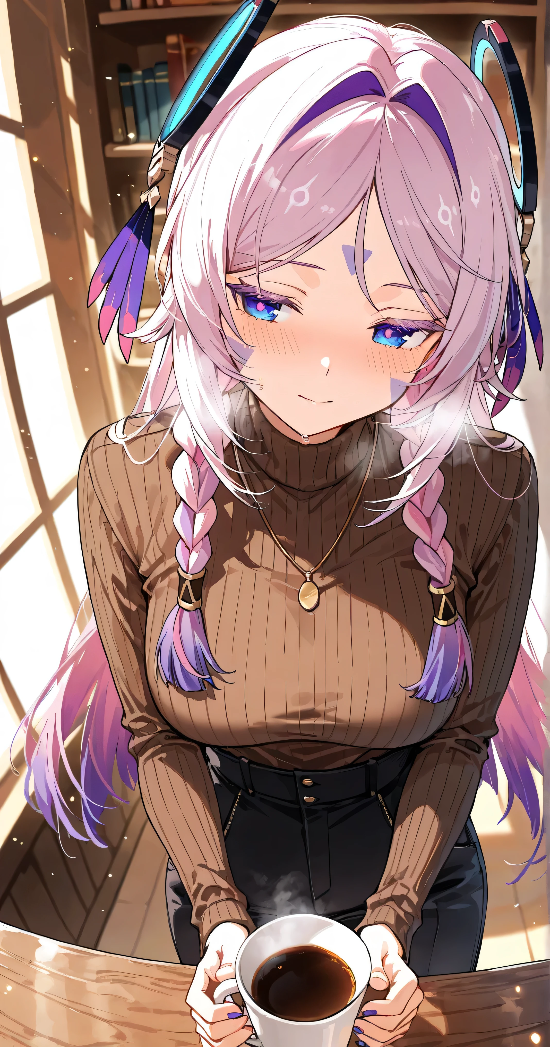 score_9, score_8_up, score_7_up, masterpiece, best quality, very aesthetic, absurdres, tunning image, light particles, attractive image, 1girl, adult grown woman, citlali \(genshin impact\), pink hair, purple hair, multicolored hair, twin braids, hair intakes, blue eyes, forehead mark, lavender eyelashes, pink pupils, headgear, long hair, colored eyelashes, blush, heavy breathing, masterpiece,best quality,amazing quality, nails, 5 fingers, alternate costume, An anime character dressed in vintage café aesthetic style, wearing a loose white button-up shirt with rolled-up sleeves, a classic brown vest, and high-waist tailored trousers. They have elegant leather shoes and a relaxed, charming expression while holding a warm cup of coffee. The background is a cozy, softly lit café with wooden furniture, bookshelves, and a window showing a gentle sunset glow
