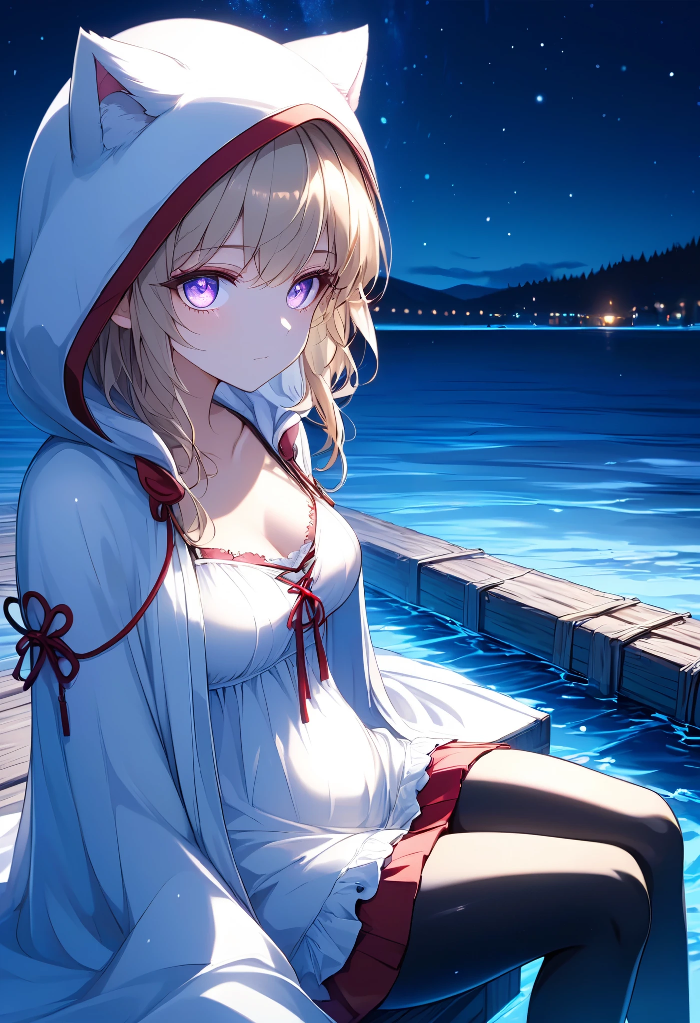 High Resolution, High Quality, High Detail, frozen dock, night, 1girl, blonde hair, violet eyes, medium breasts, white cat hood, white cloak, white camisole with red trim, grey skirt, black leggings, sandals, looking at viewer, arms behind back, reaching for viewer, side profile, feet in water, zoom in, sitting on dock, sitting beside viewer