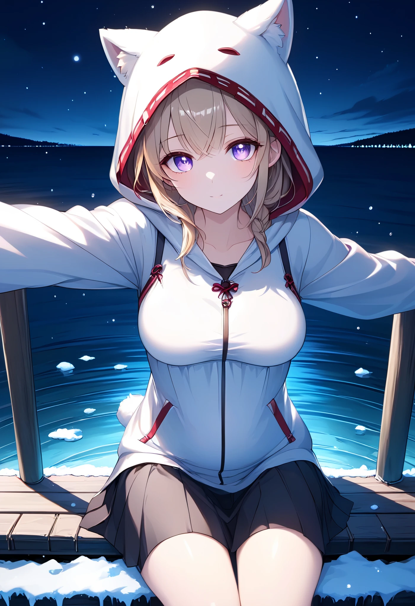 High Resolution, High Quality, High Detail, frozen dock, night, 1girl, blonde hair, violet eyes, medium breasts, white cat hood, white cloak, white camisole with red trim, grey skirt, black leggings, sandals, looking at viewer, arms behind back, reaching for viewer, side profile, feet in water, zoom in, sitting on dock, sitting beside viewer