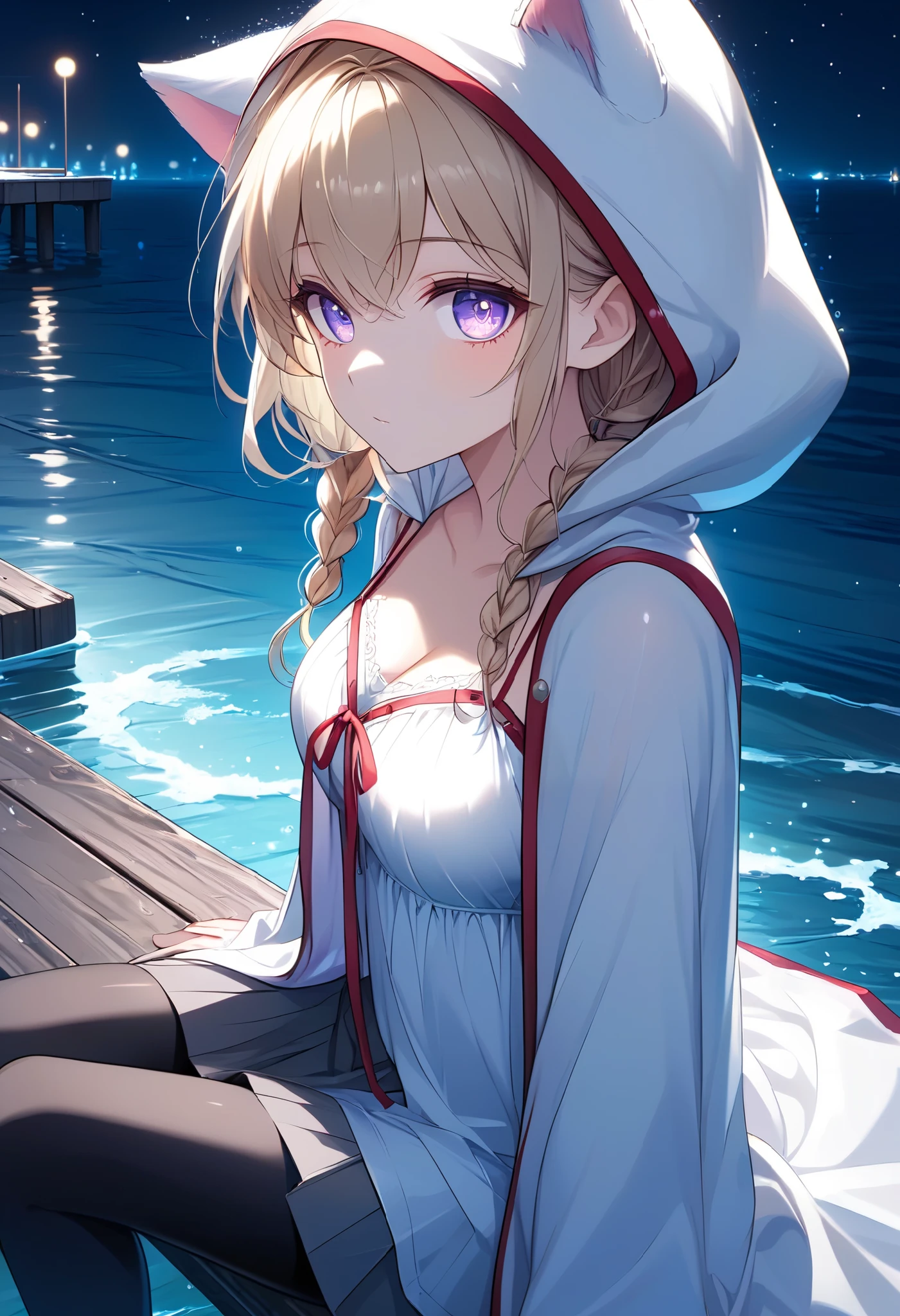High Resolution, High Quality, High Detail, frozen dock, night, 1girl, blonde hair, violet eyes, medium breasts, white cat hood, white cloak, white camisole with red trim, grey skirt, black leggings, sandals, looking at viewer, arms behind back, reaching for viewer, side profile, feet in water, zoom in, sitting on dock, sitting beside viewer