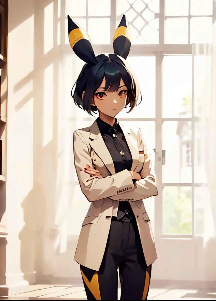 A dramatic wedding scene on a majestic gothic-romantic altar , with an anime-style woman standing confidently under a soft golden light that filters through a frosted glass window. She has jet black hair Pixie cut with shiny texture , vibrant red eyes that shine slightly , ears similar to those of an Umbreon ( with a horizontal yellow stripe ), a seductive smile and sharp facial features . She wears a tight black suit with a white shirt , black jacket and black pants that highlight her slender waist and toned figure , along with a pastel pink silk tie . The altar is decorated with white roses , ivy garlands and crystal chandeliers , with a soft haze near the floor and rays of golden light . behind her, a frosted glass window with heavenly patterns in deep blue and gold , and in the background, blurry silhouettes of guests dressed in tag . Petals of white and pale pink flowers float around the scene , creating a romantic and slightly gothic atmosphere .