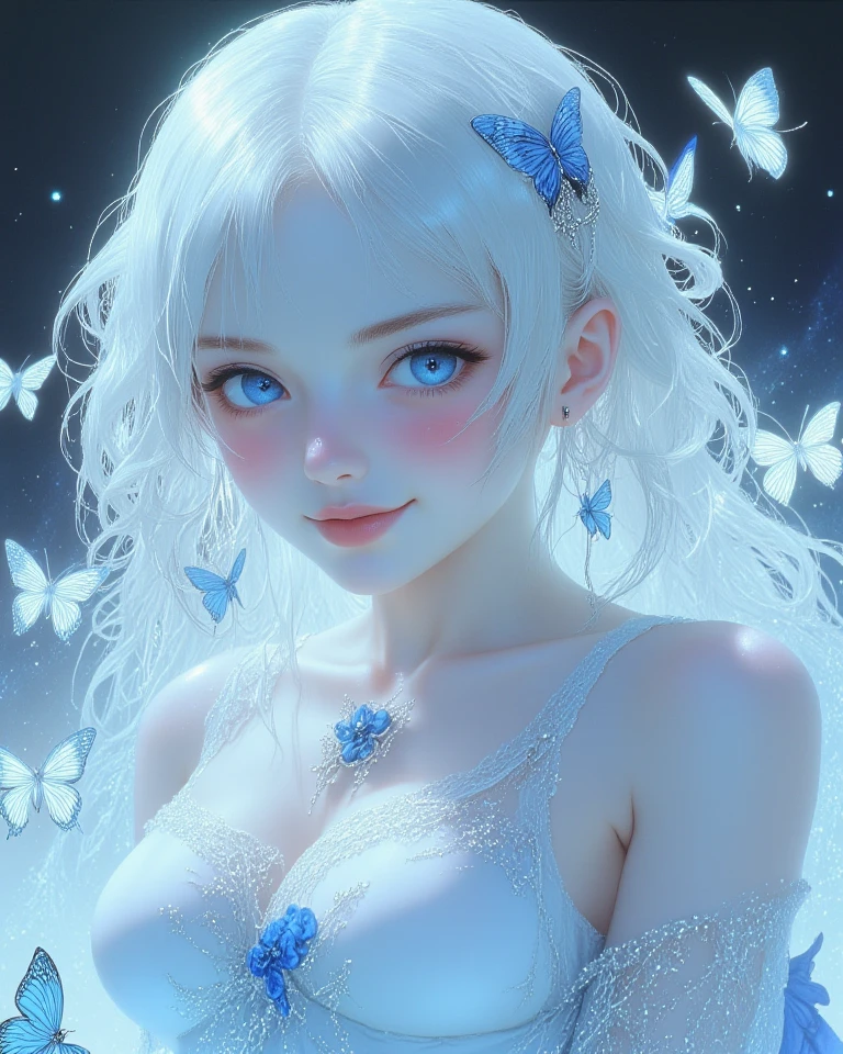 Girl, white hair, blue clouds, highest resolution, mixing white and blue, purple, butterflies, accessories, smoke, long hair, perfect